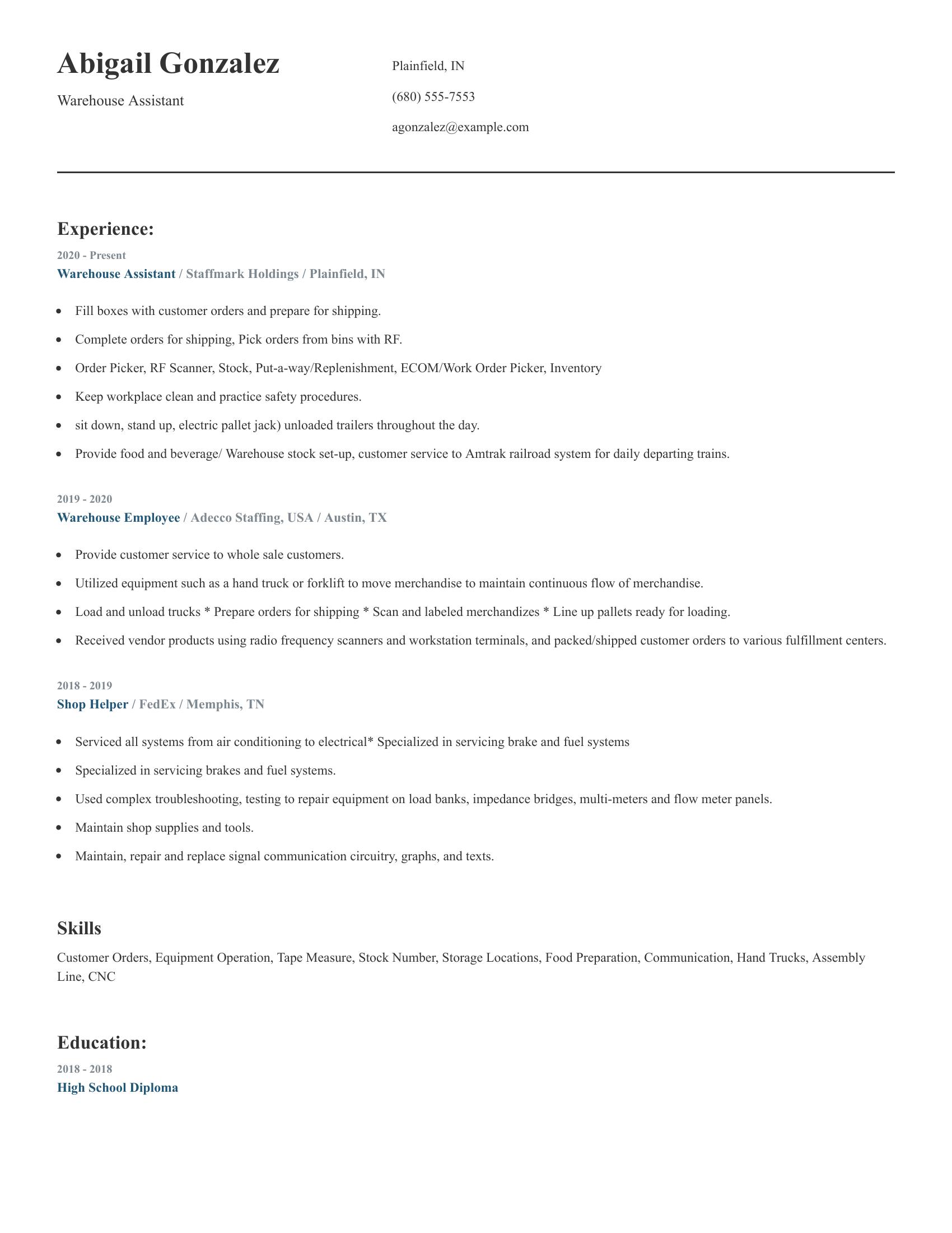 Warehouse Assistant resume example