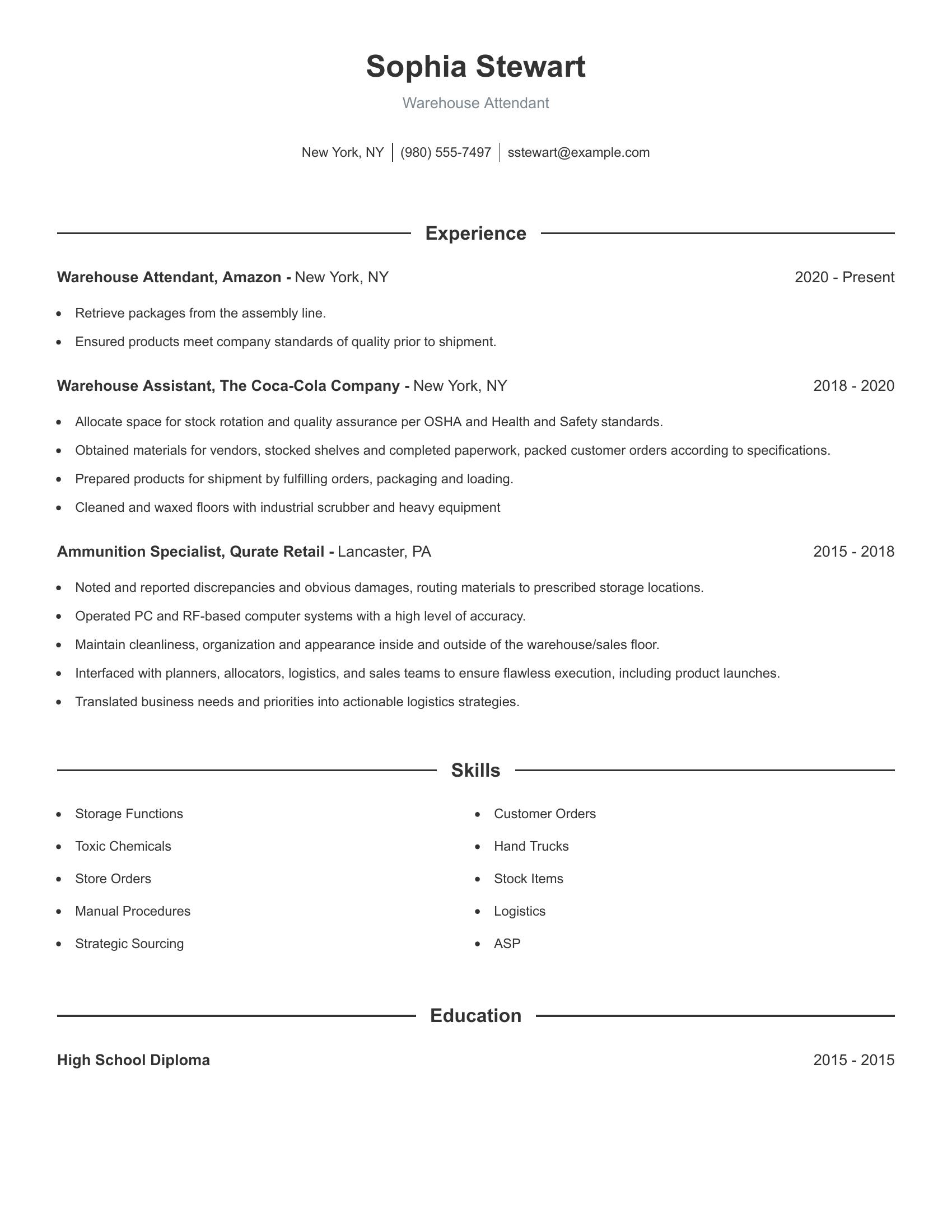 Warehouse Attendant resume example