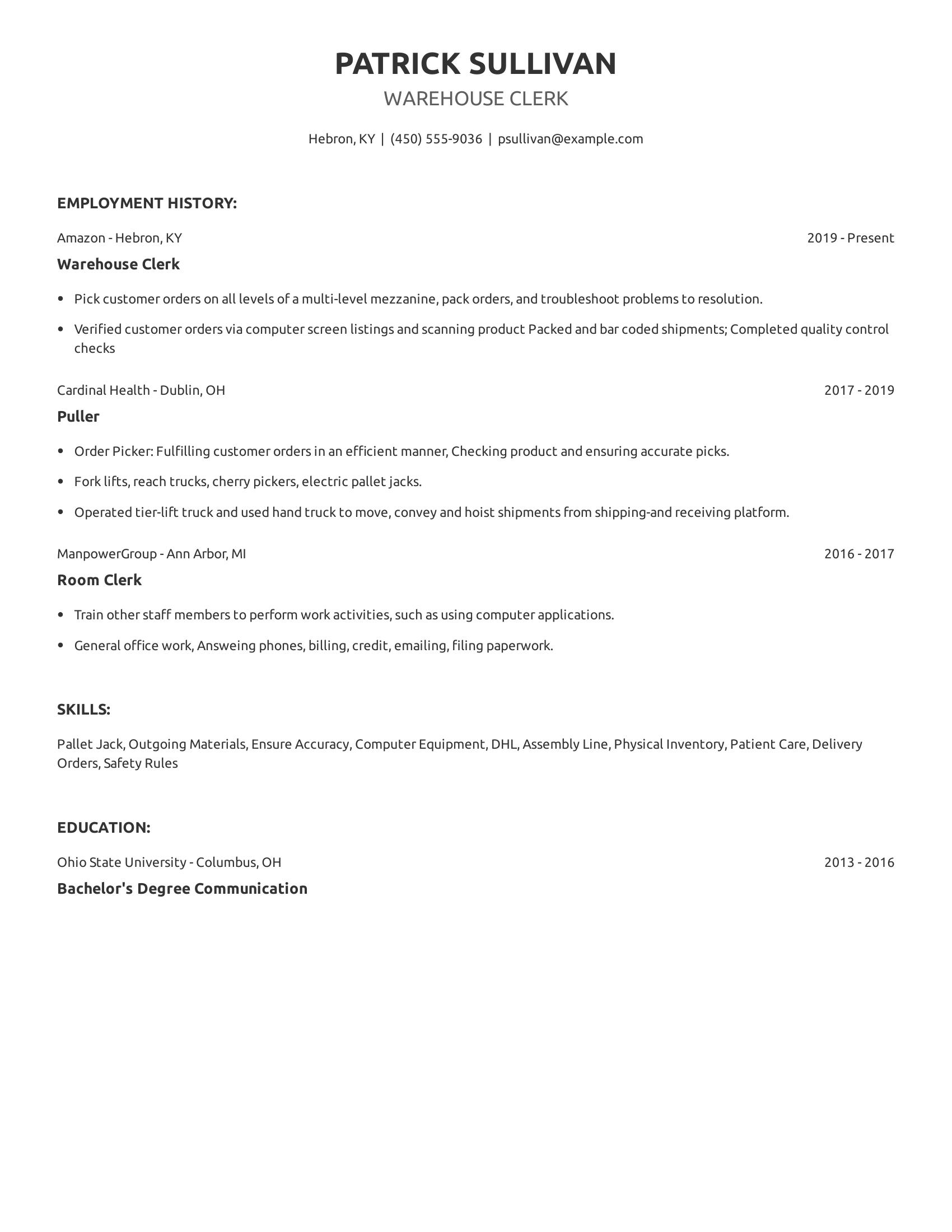 Warehouse Clerk resume example