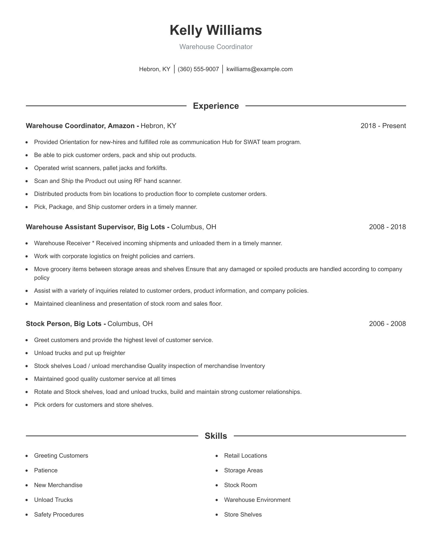 Warehouse Coordinator resume example