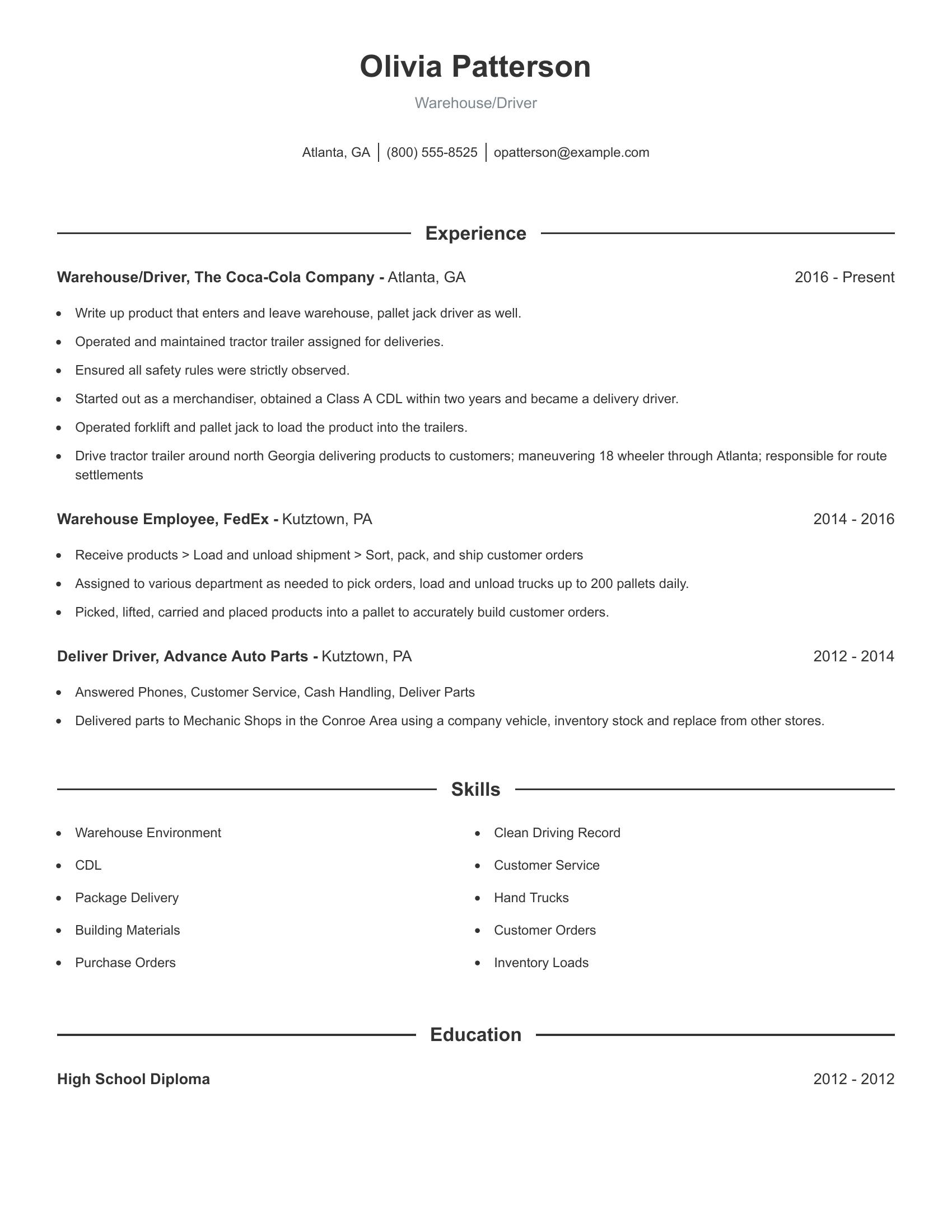 Warehouse/Driver resume example