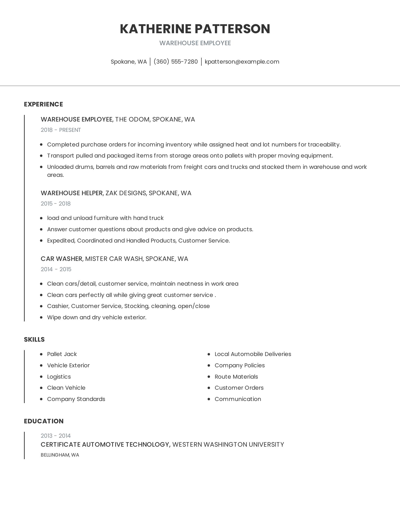 Warehouse Employee resume example