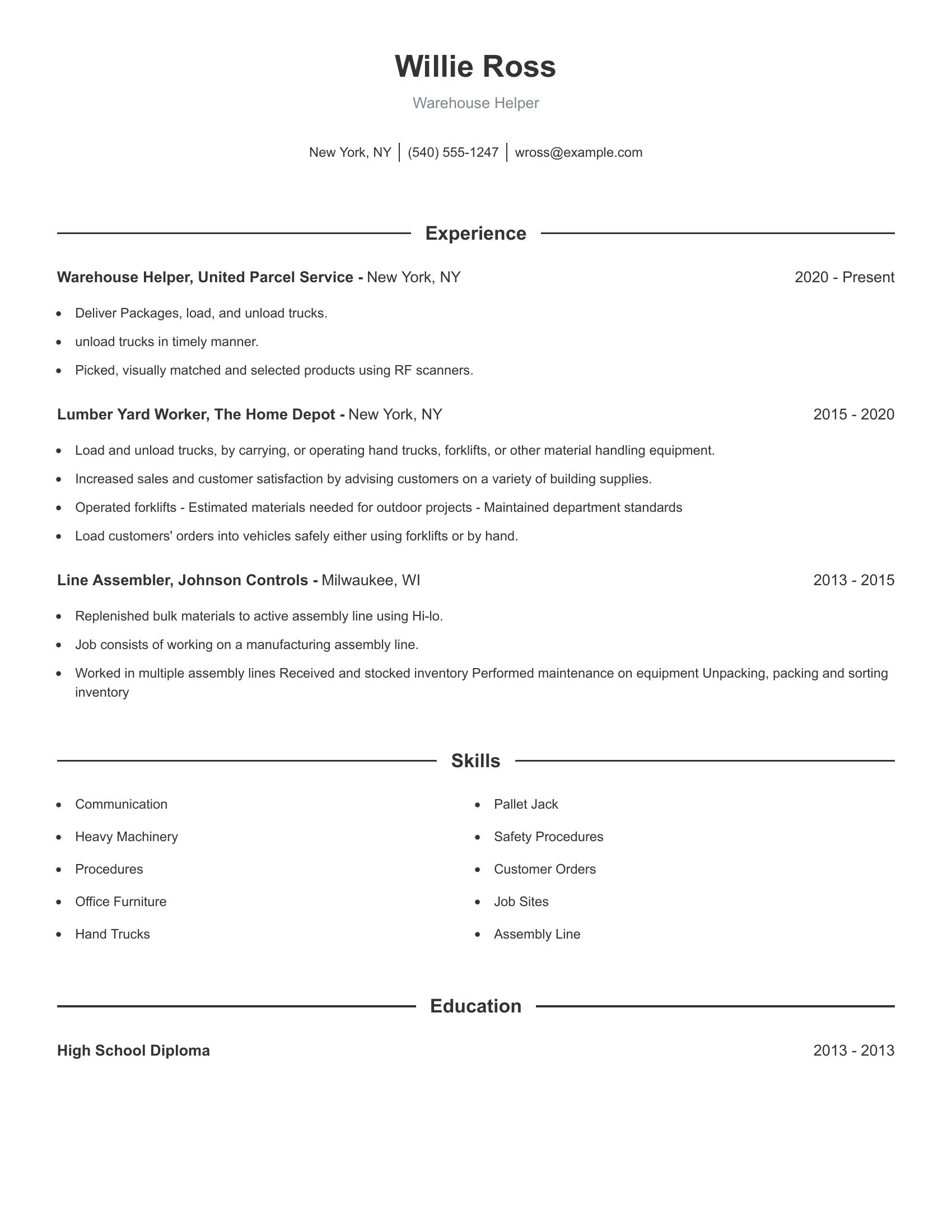 Warehouse Helper resume example