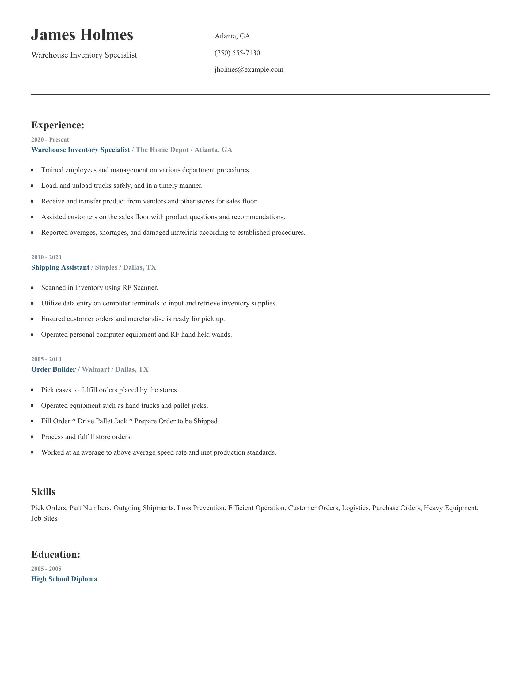 Warehouse Inventory Specialist resume example