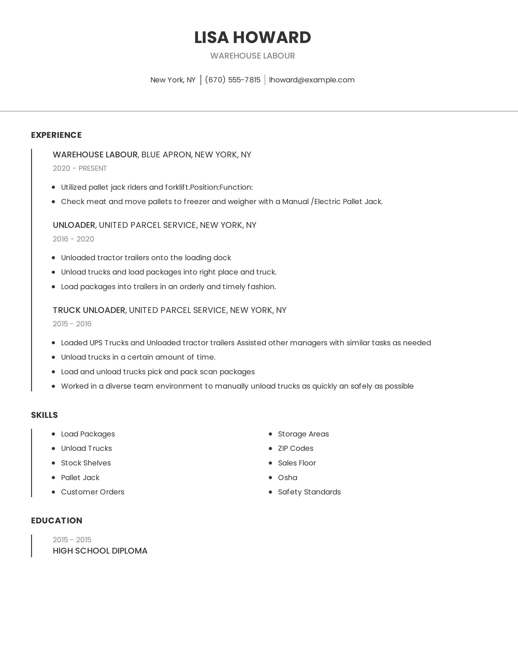 Warehouse Labour resume example