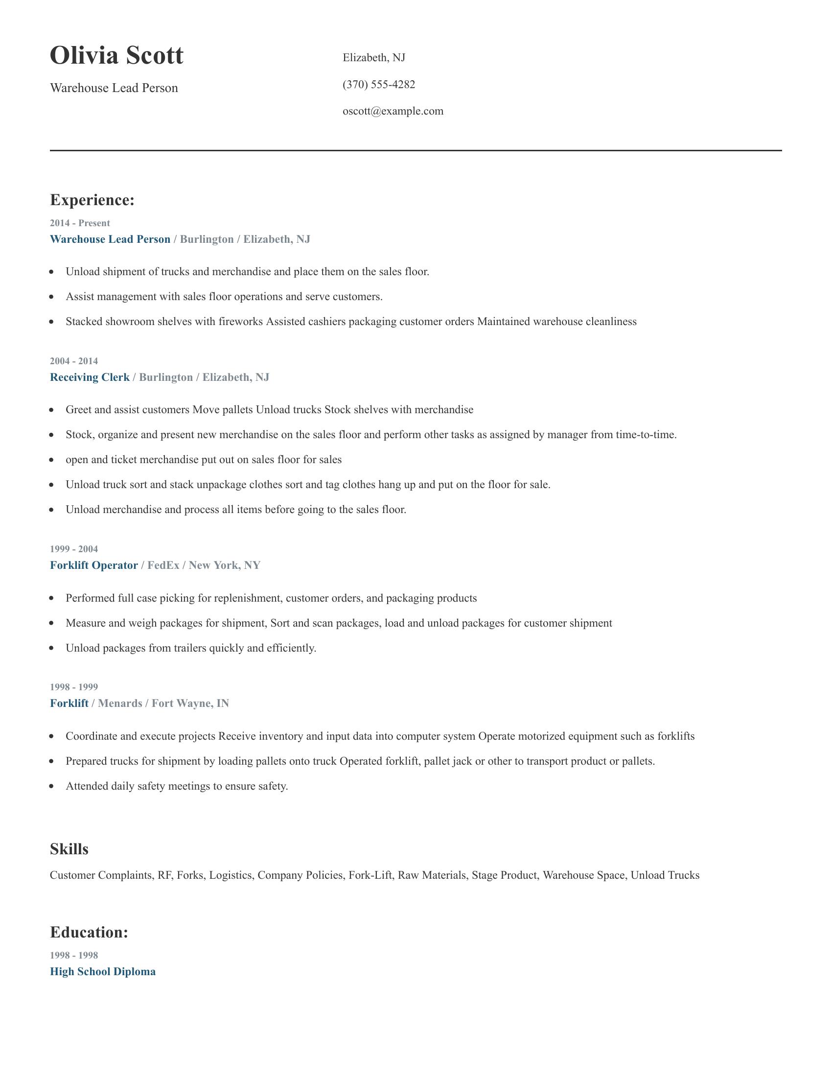 Warehouse Lead Person resume example