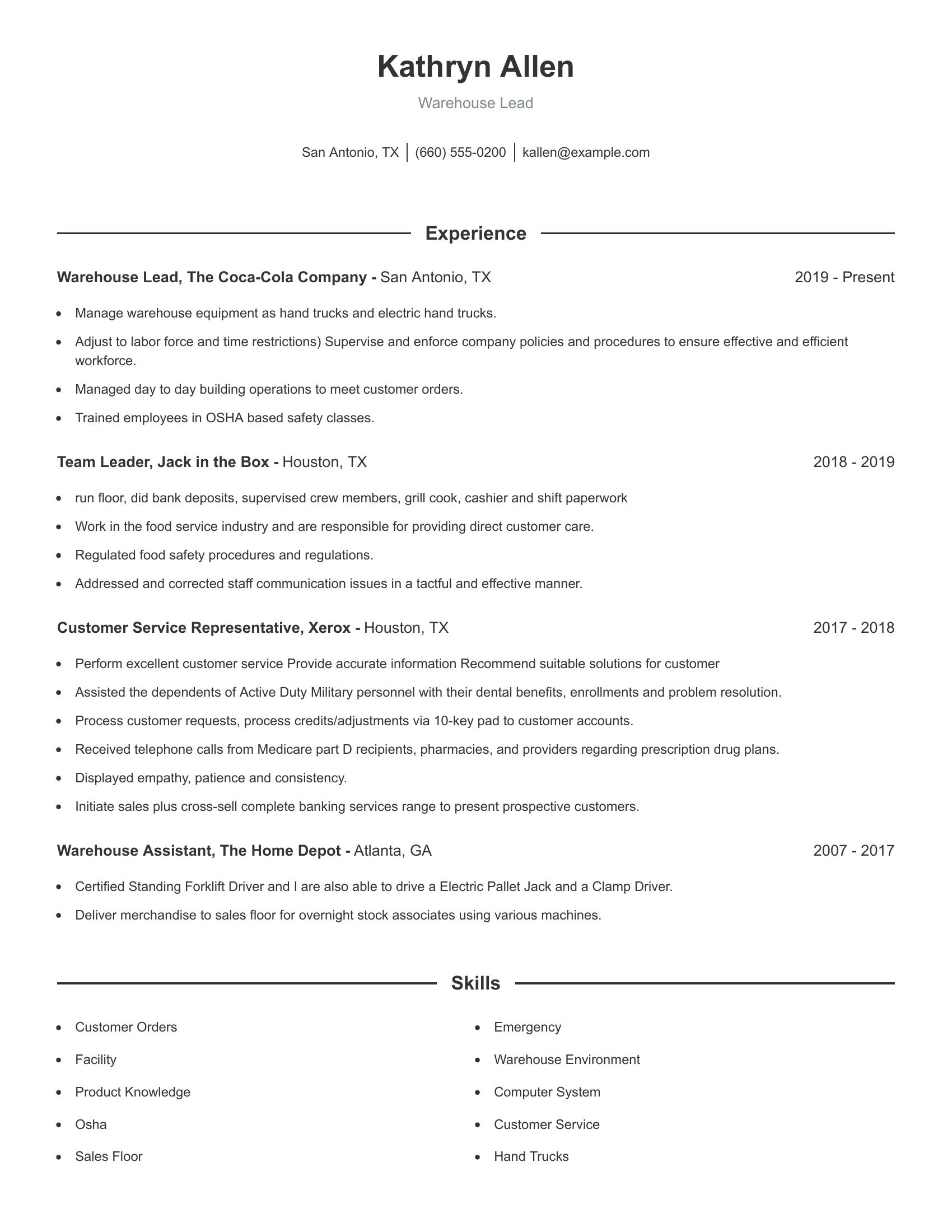 Warehouse Lead resume example