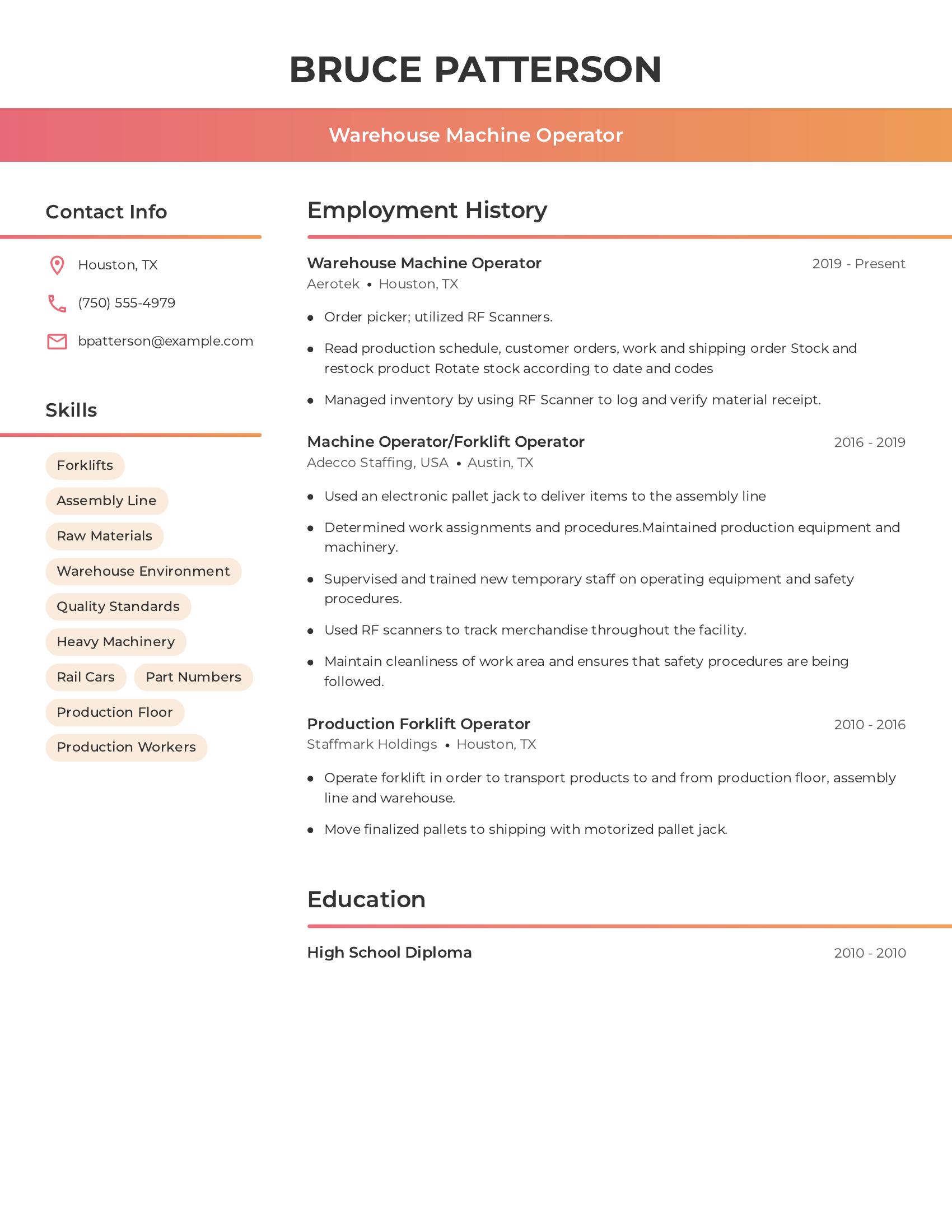 Warehouse Machine Operator resume example