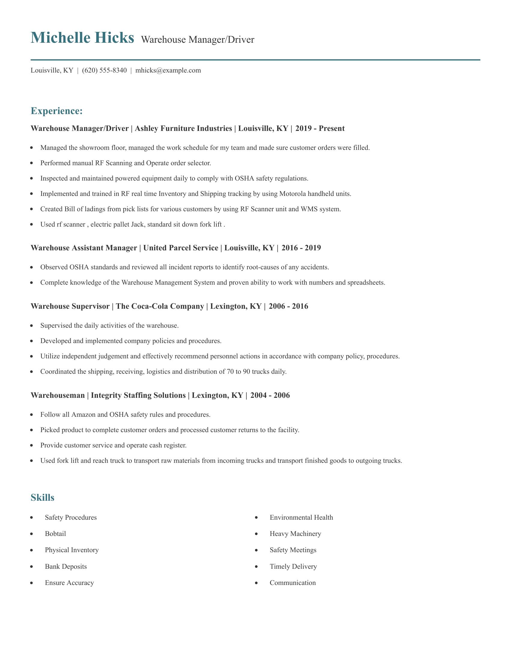 Warehouse Manager/Driver resume example