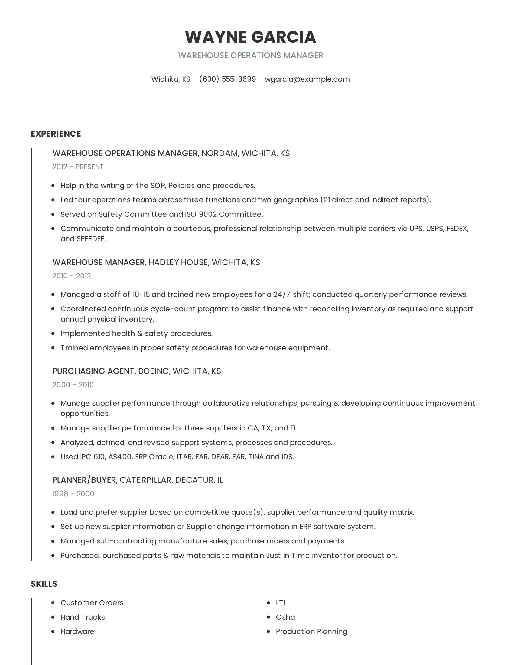 Warehouse Operations Manager resume example