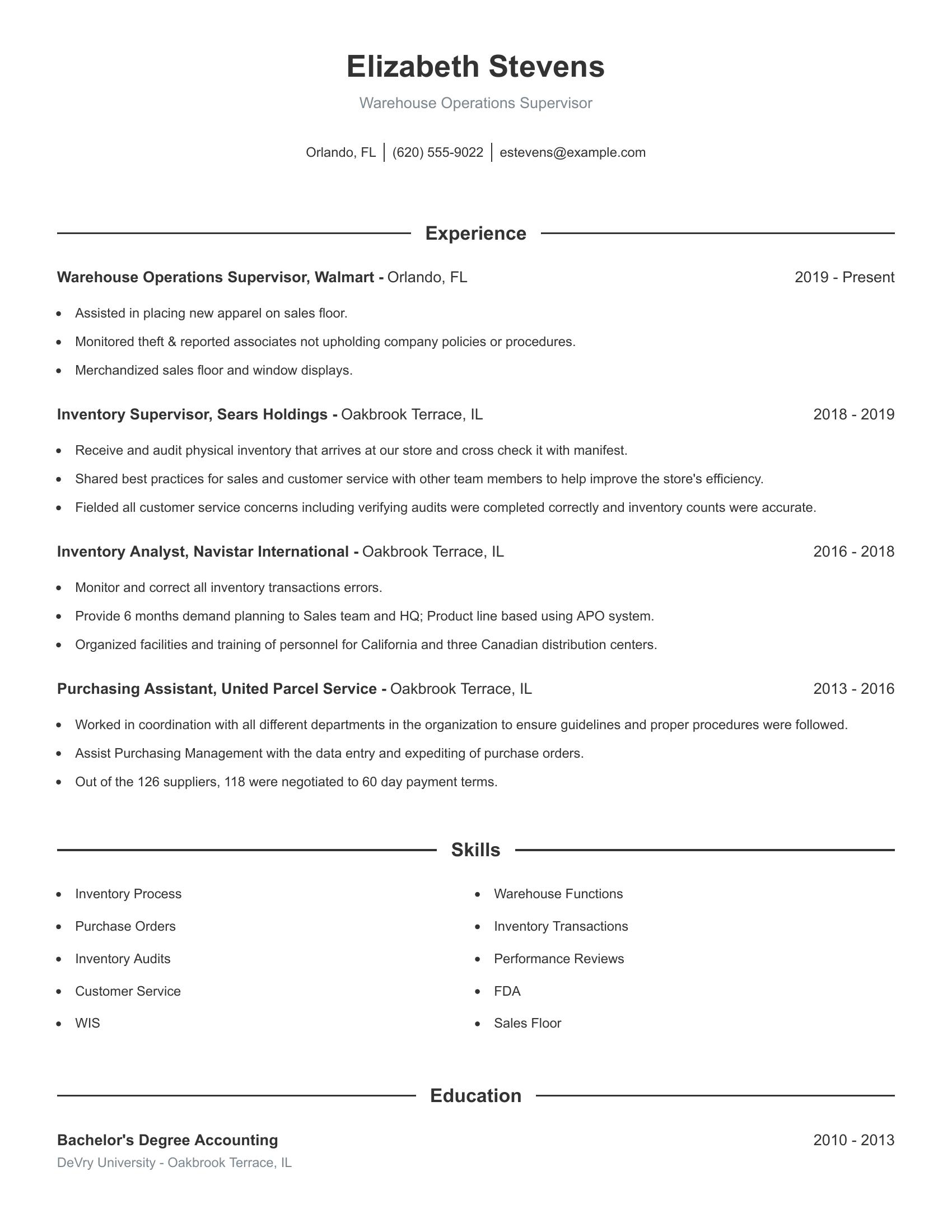 Warehouse Operations Supervisor resume example