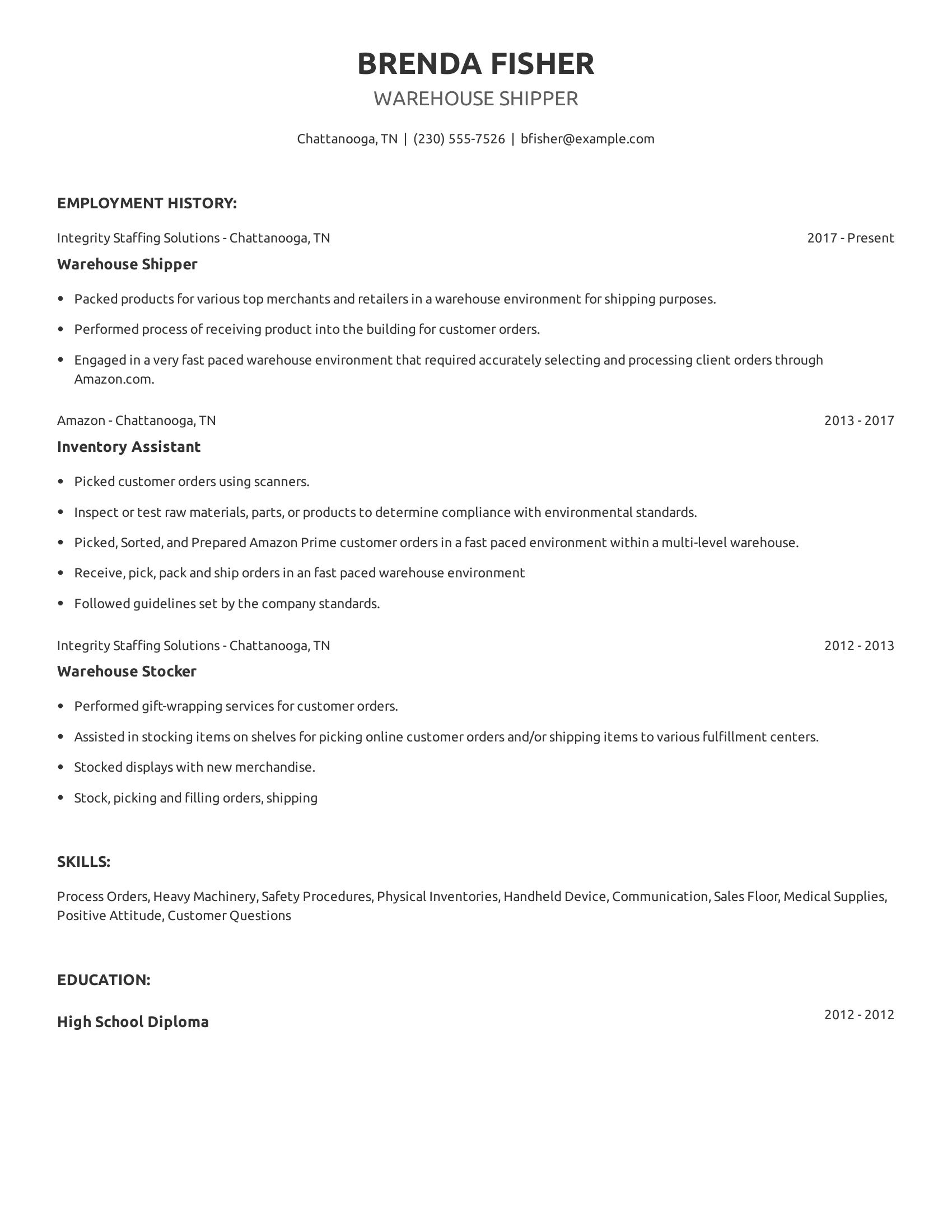 Warehouse Shipper resume example