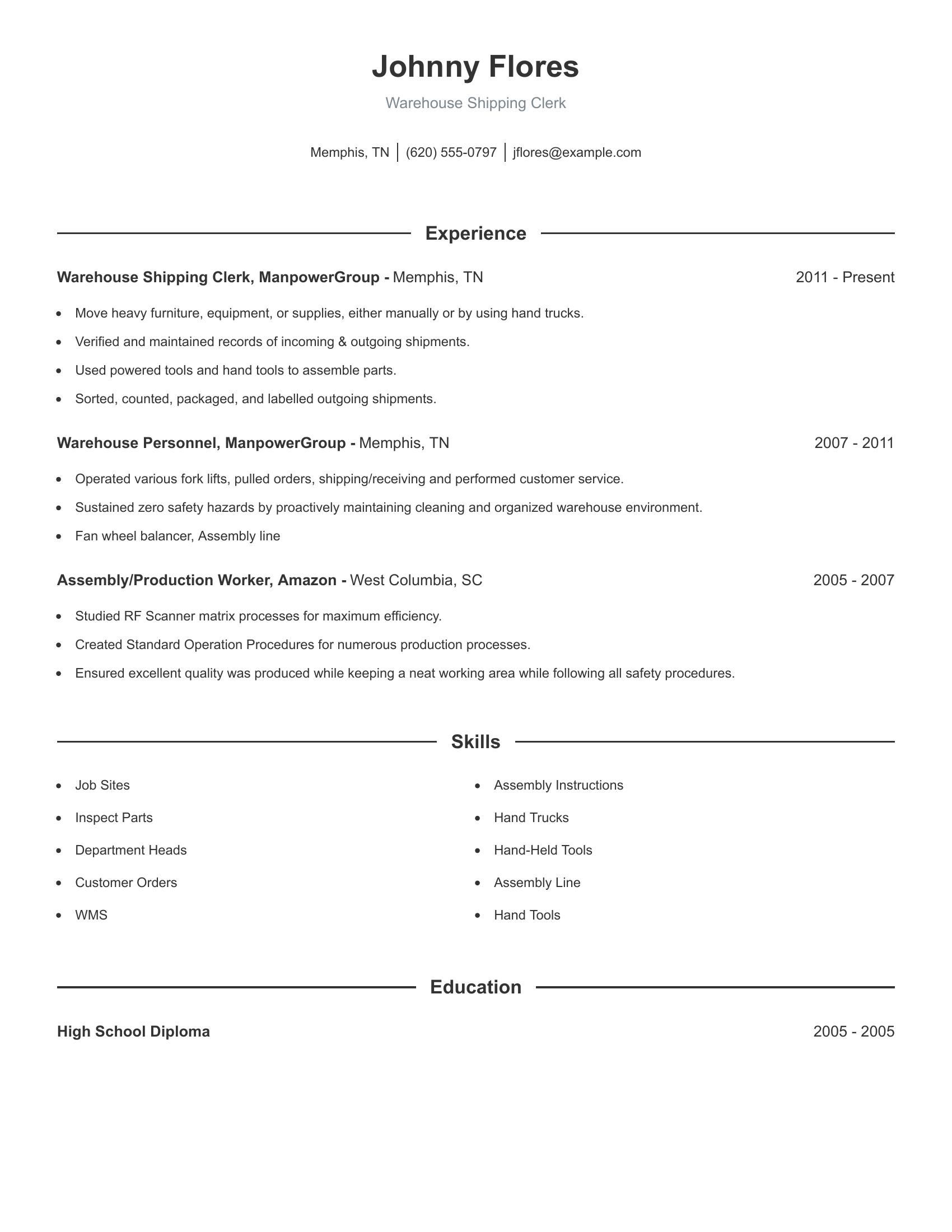 Warehouse Shipping Clerk resume example