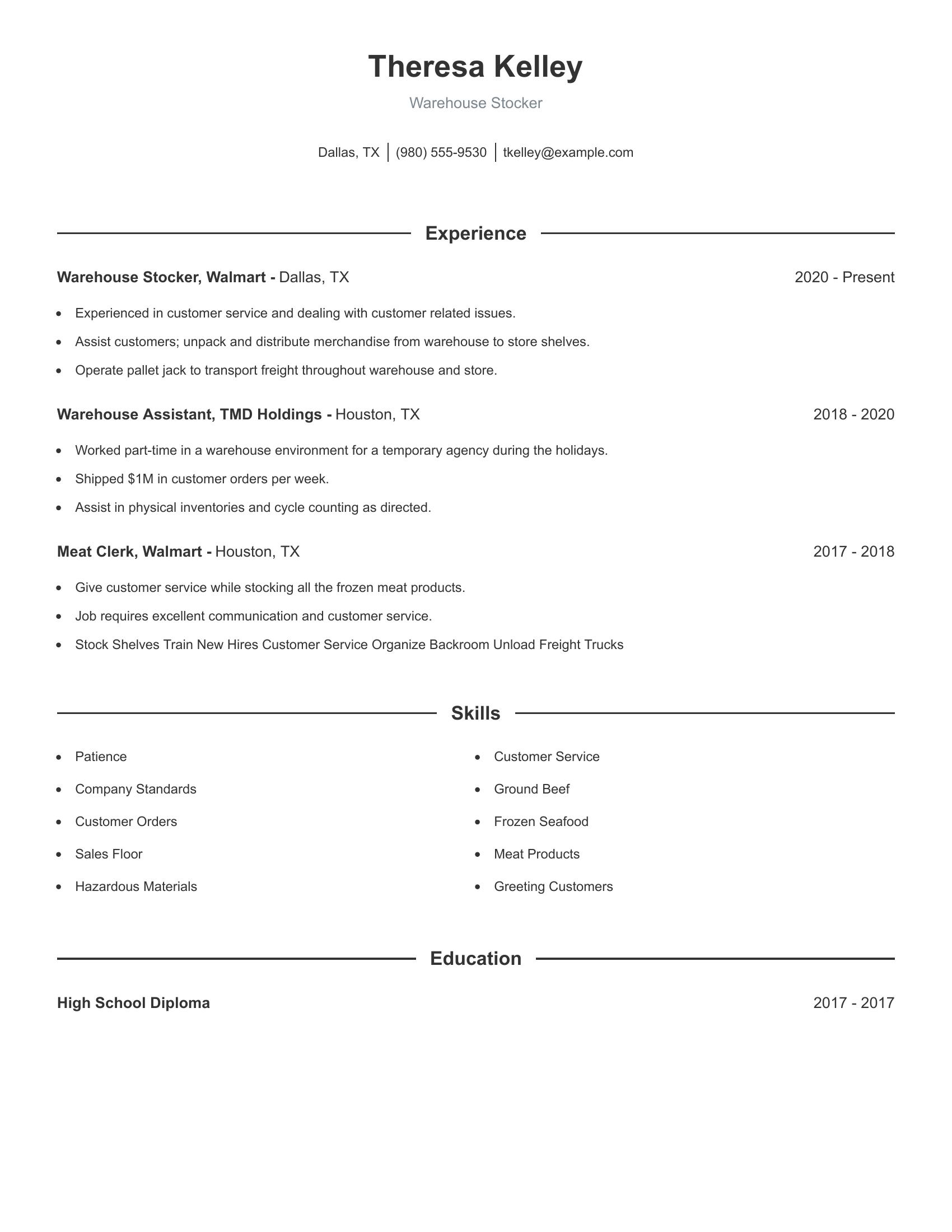 Warehouse Stocker resume example