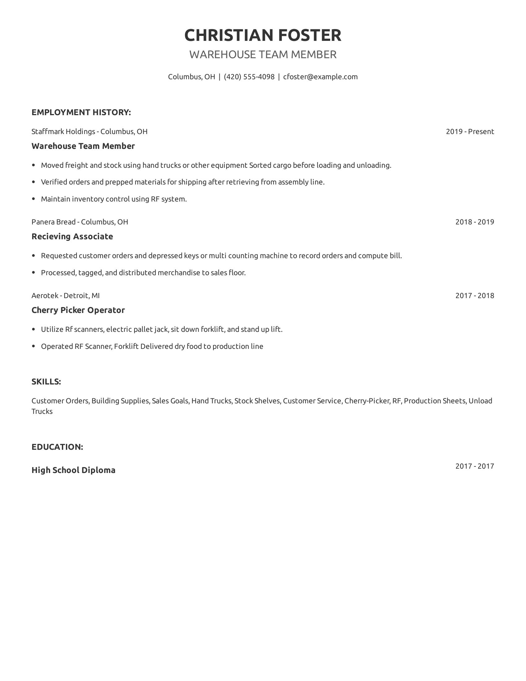 Warehouse Team Member resume example