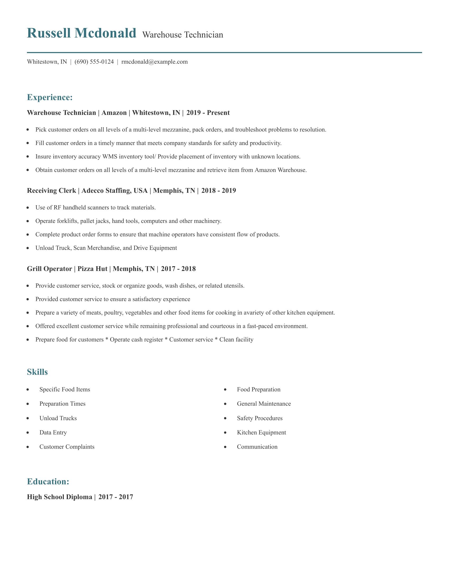 Warehouse Technician resume example