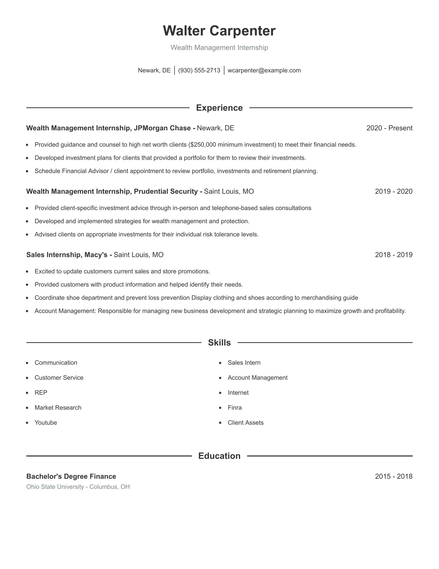 Wealth Management Internship resume example