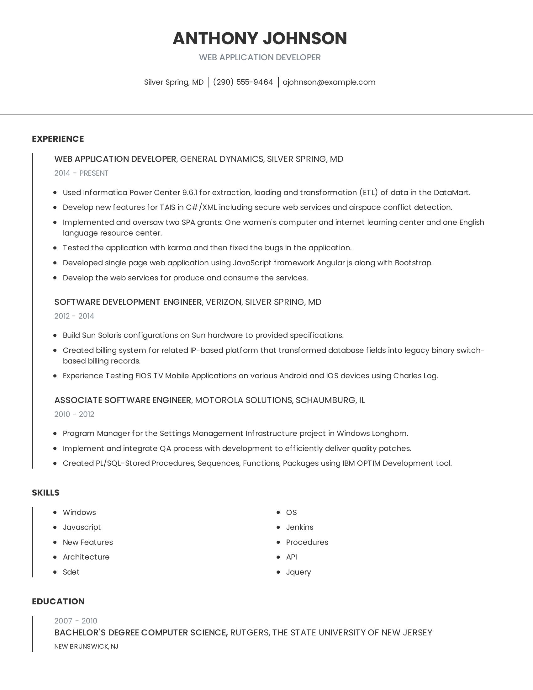 Web Application Developer resume example