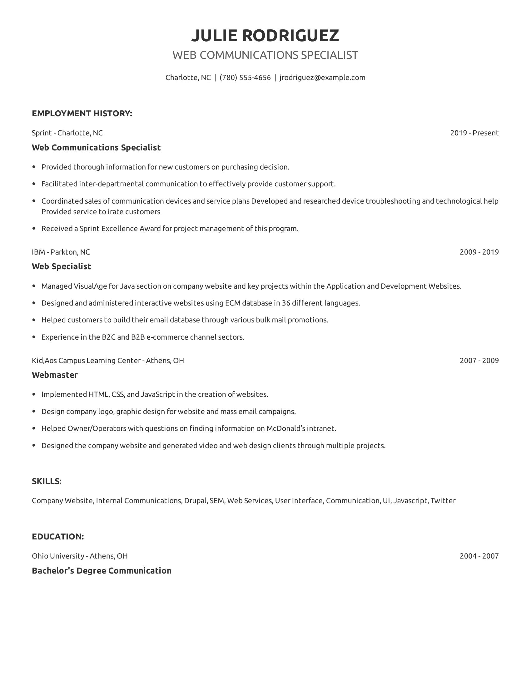 Web Communications Specialist resume example