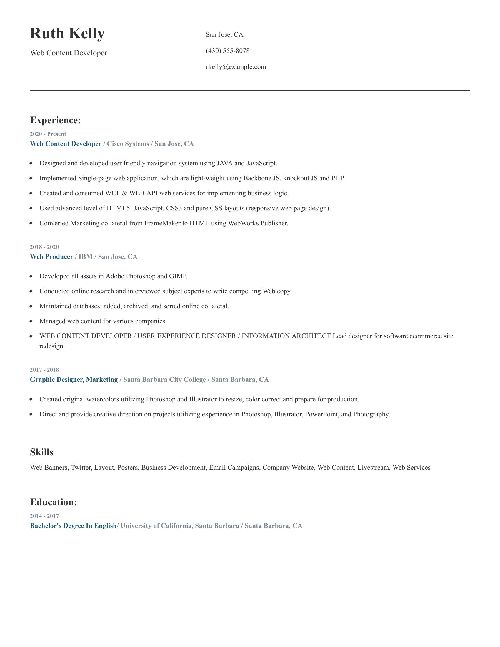 Web Content Developer resume example