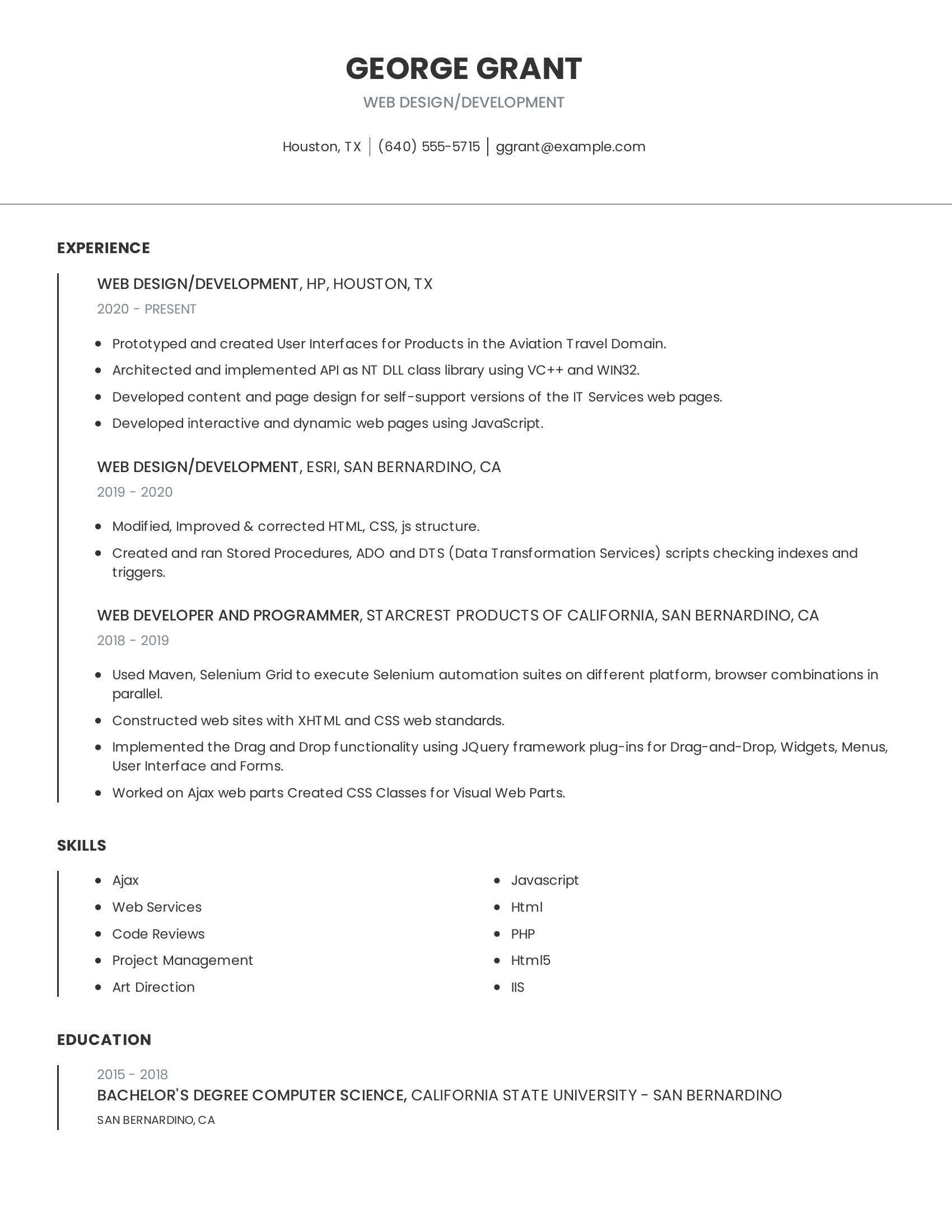 Web Design/Development resume example