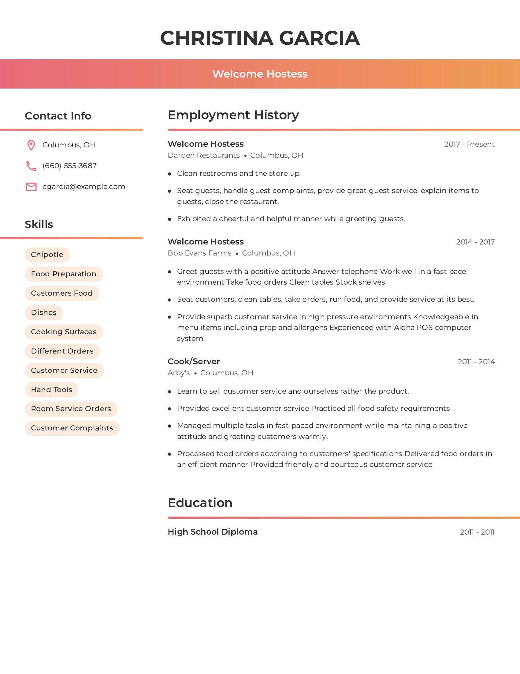 Welcome Hostess resume example