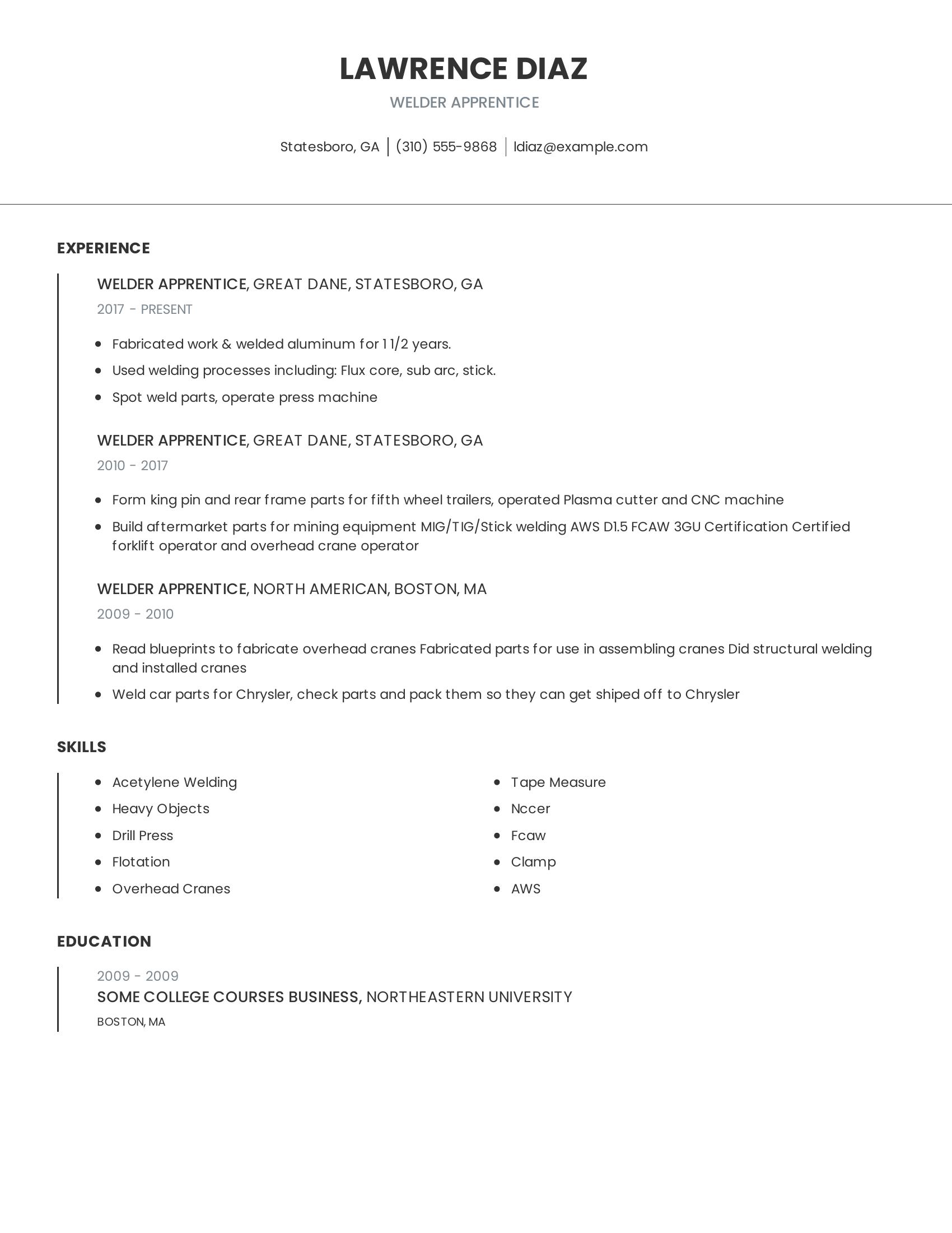 Welder Apprentice resume example