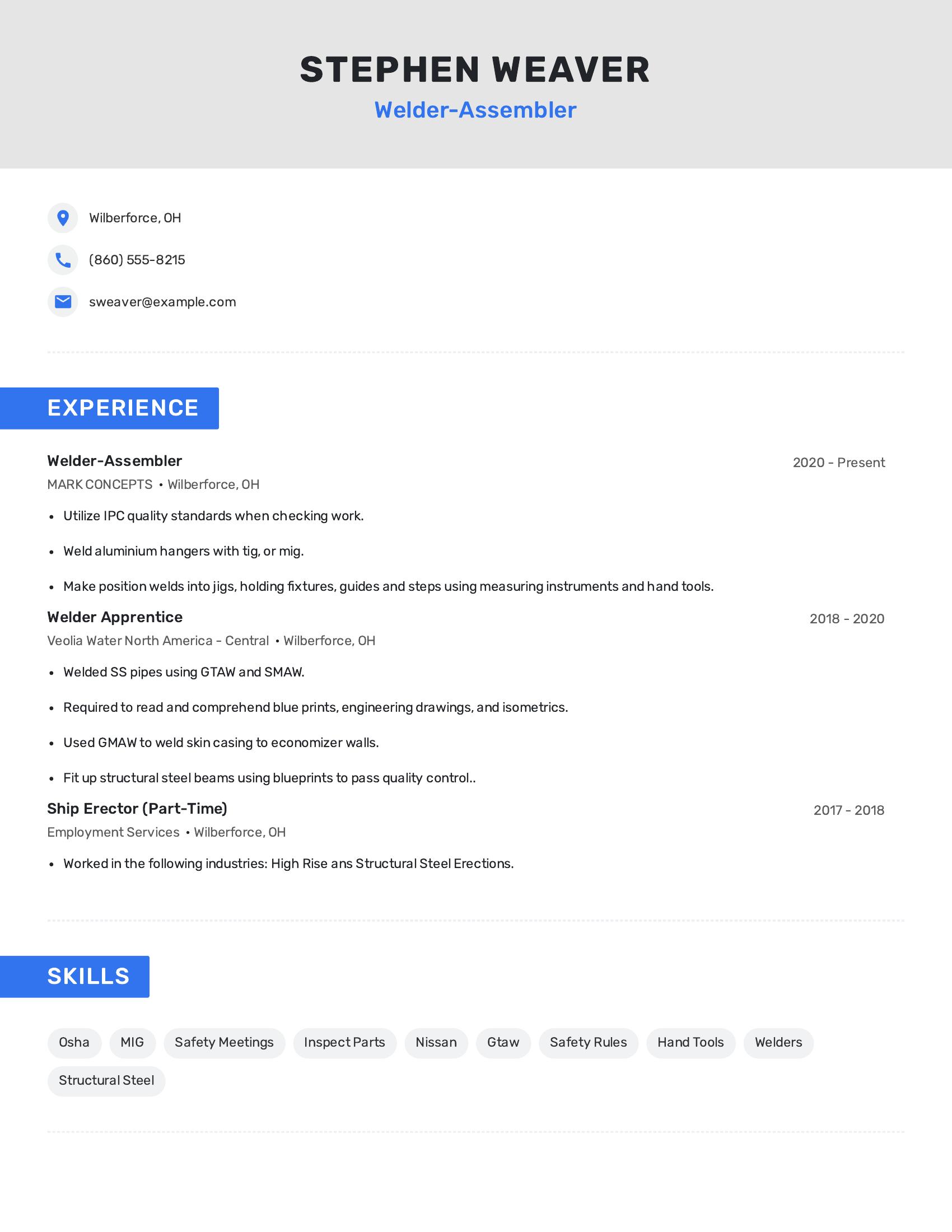 Welder-Assembler resume example