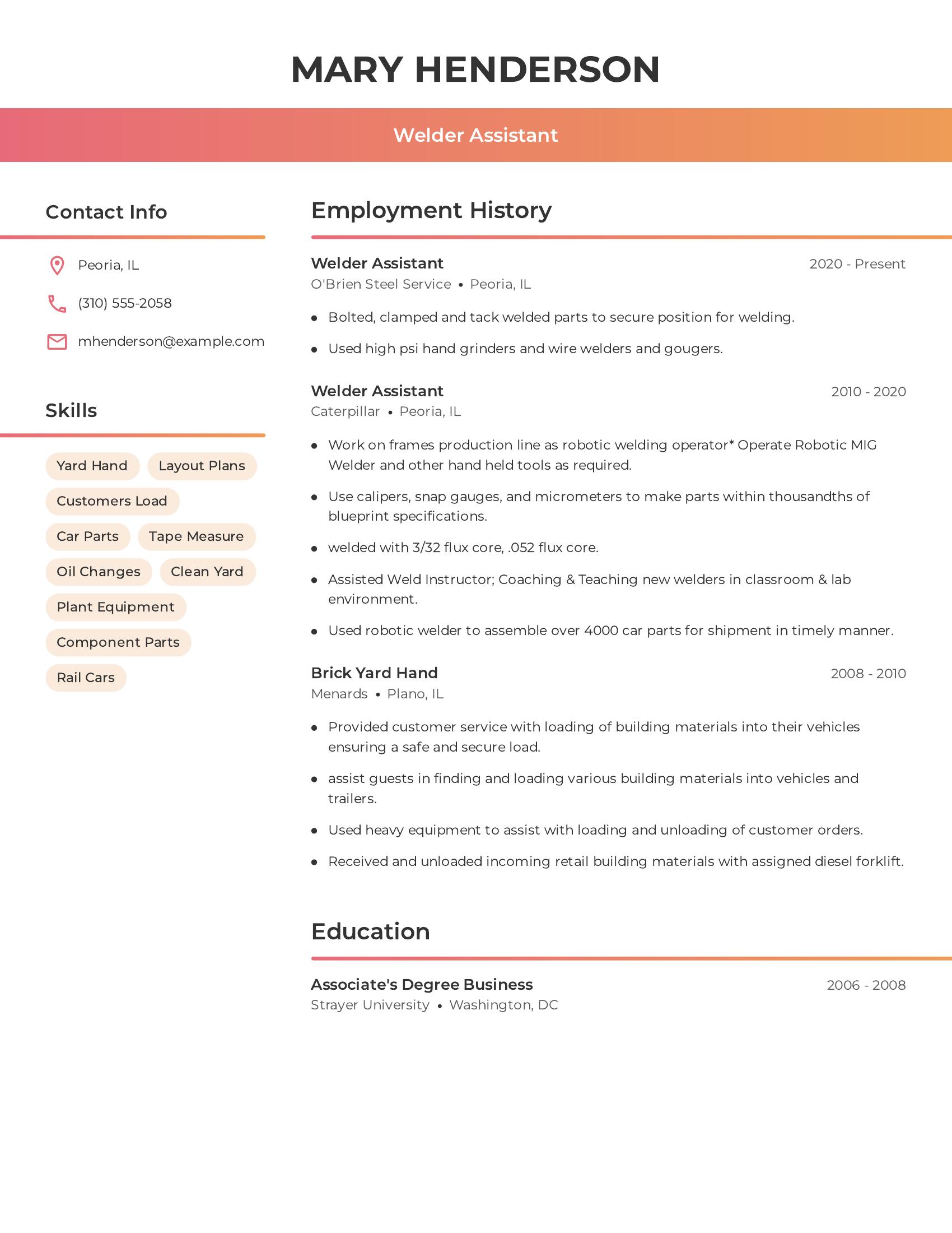Welder Assistant resume example