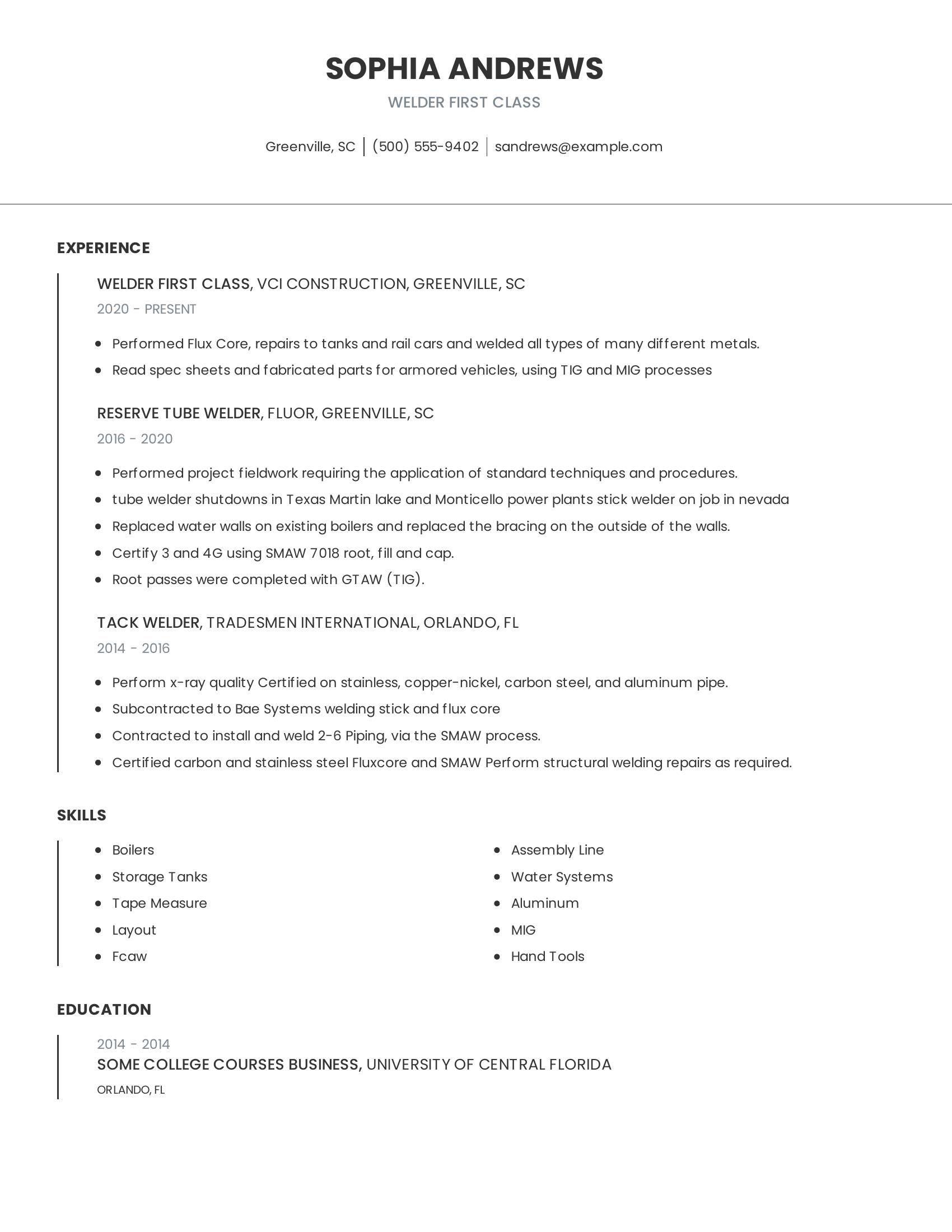 Welder First Class resume example