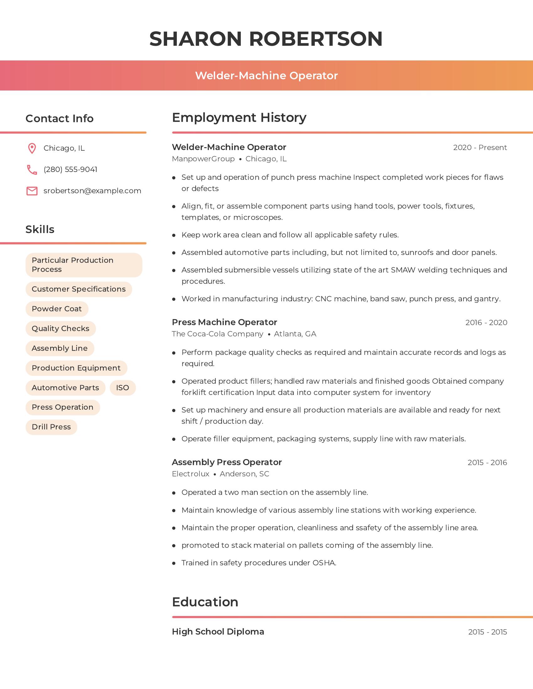 Welder-Machine Operator resume example