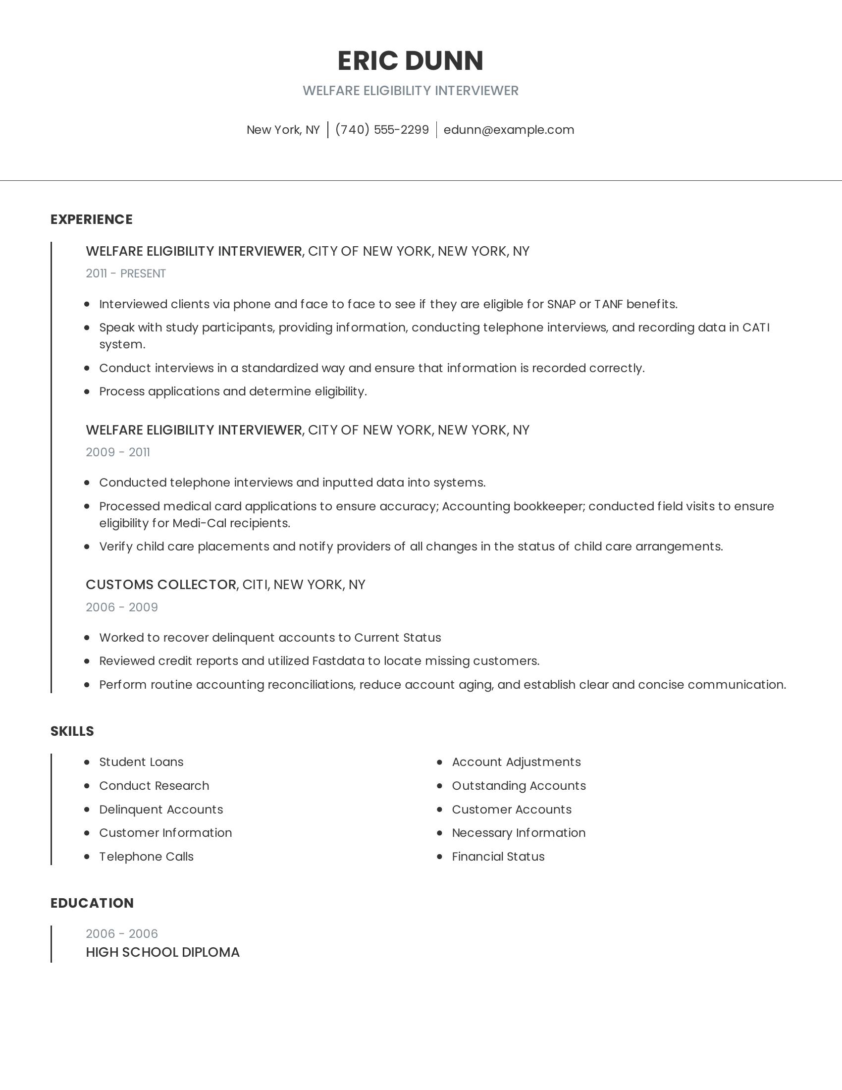 Welfare Eligibility Interviewer resume example