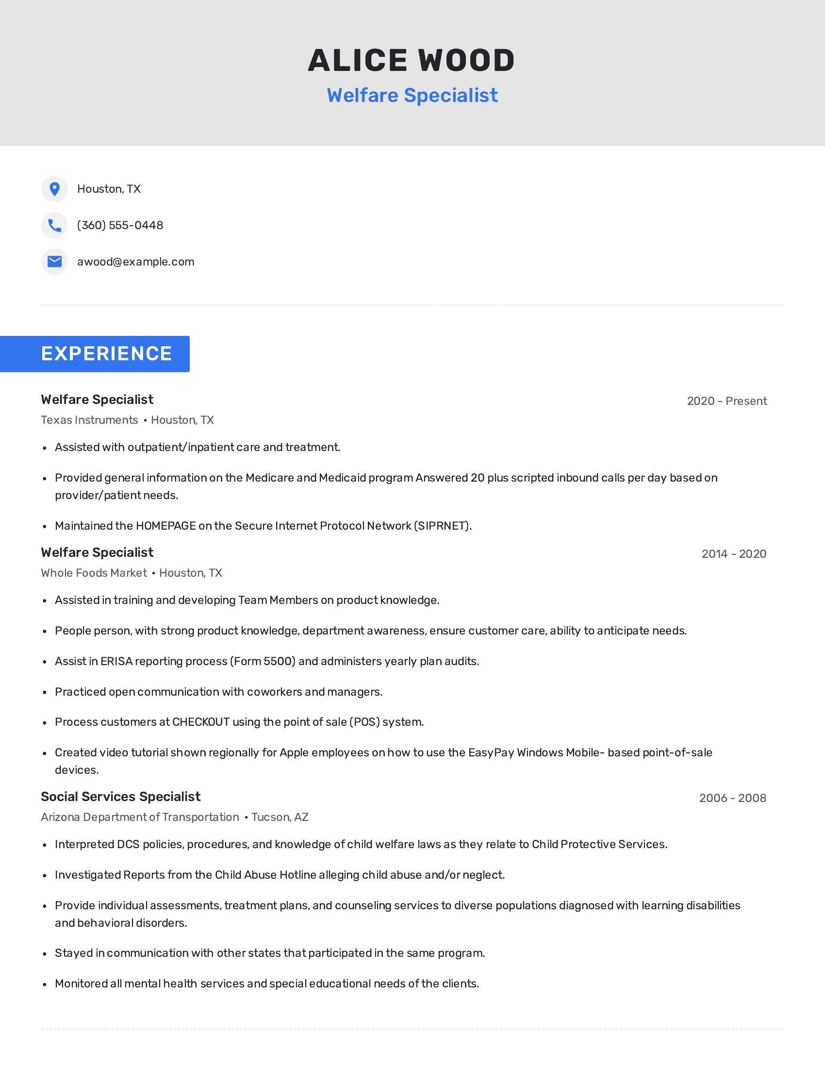 Welfare Specialist resume example
