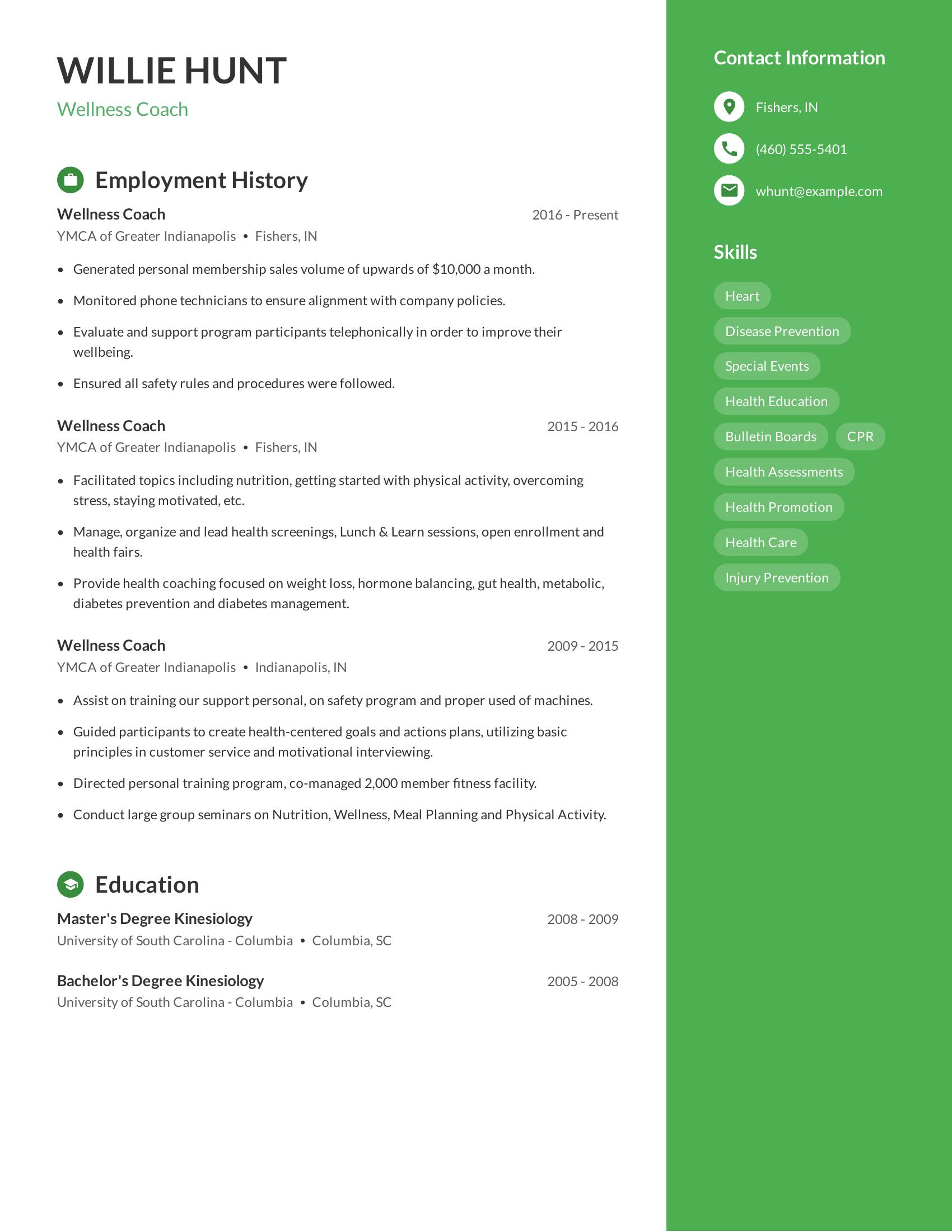 Wellness Coach resume example