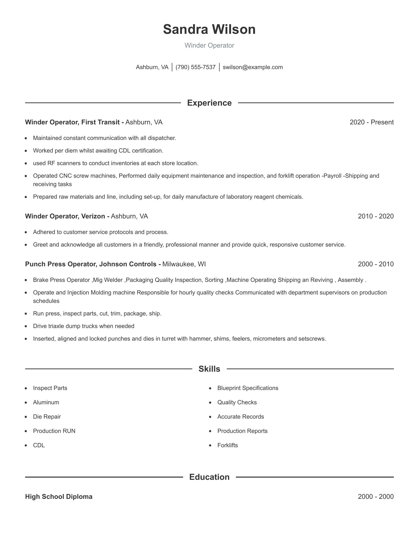 Winder Operator resume example