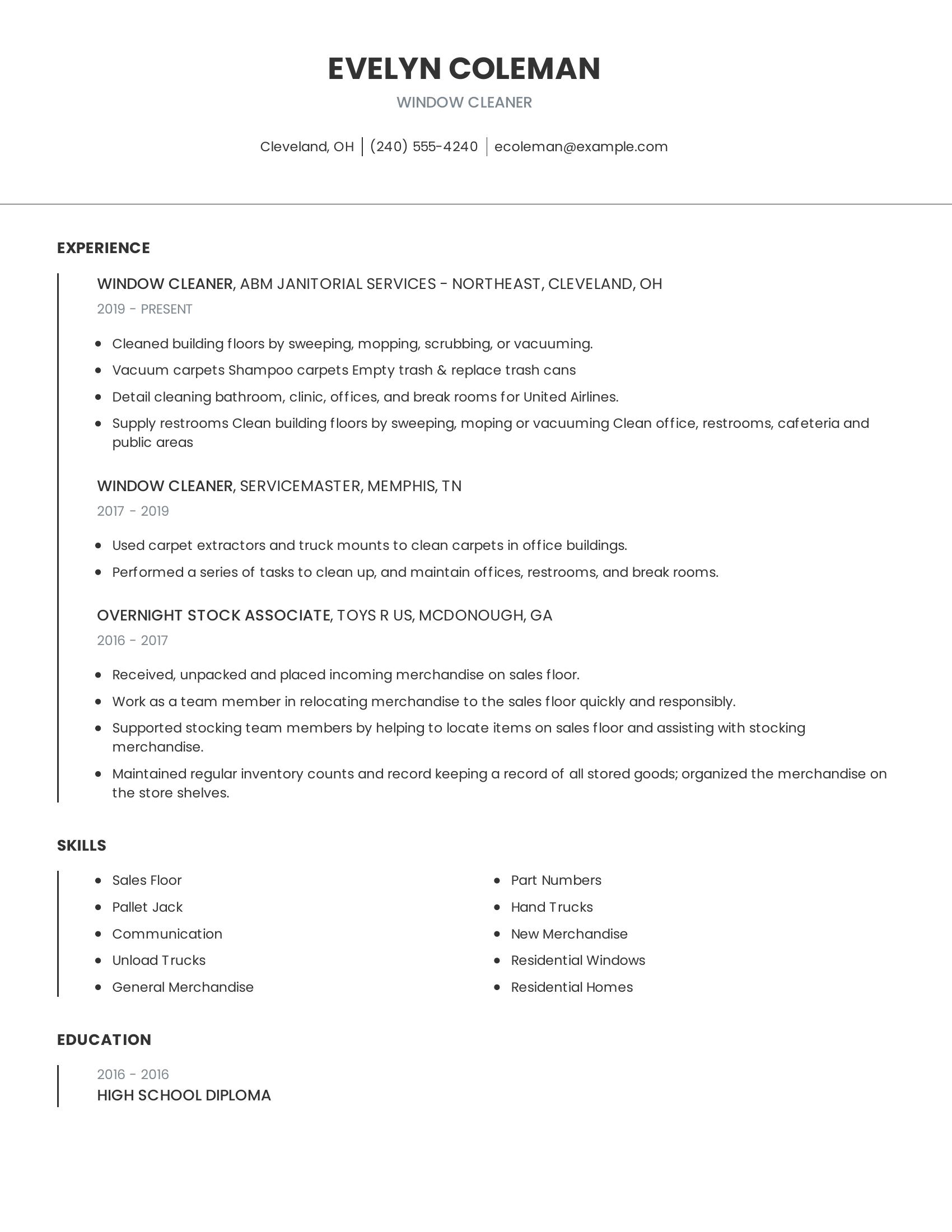 Window Cleaner resume example