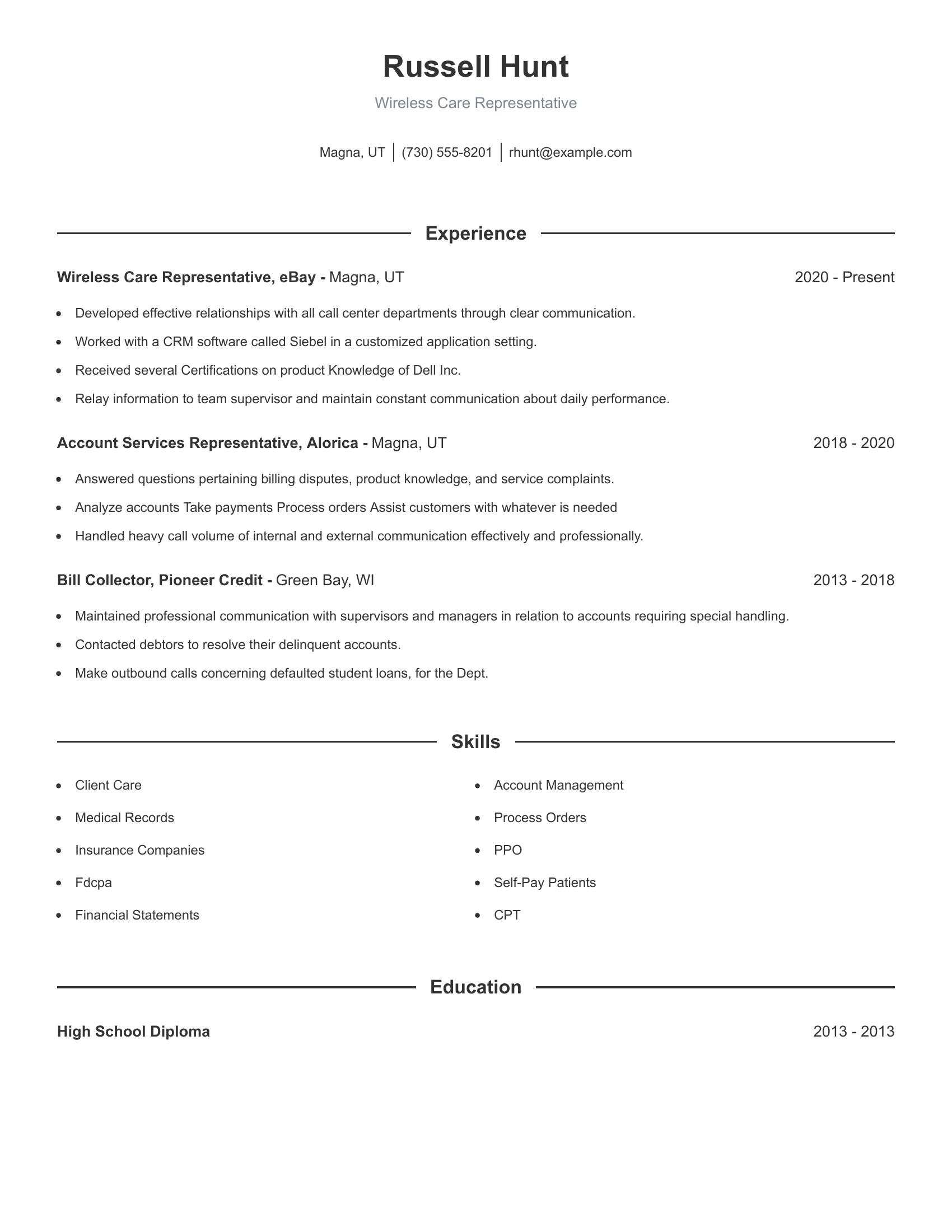 Wireless Care Representative resume example