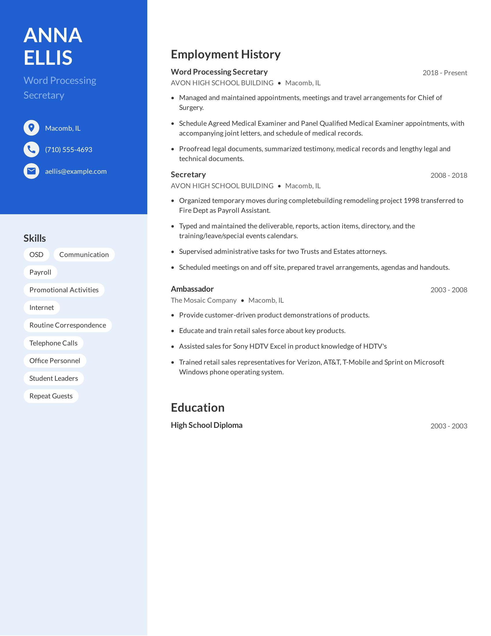 Word Processing Secretary resume example