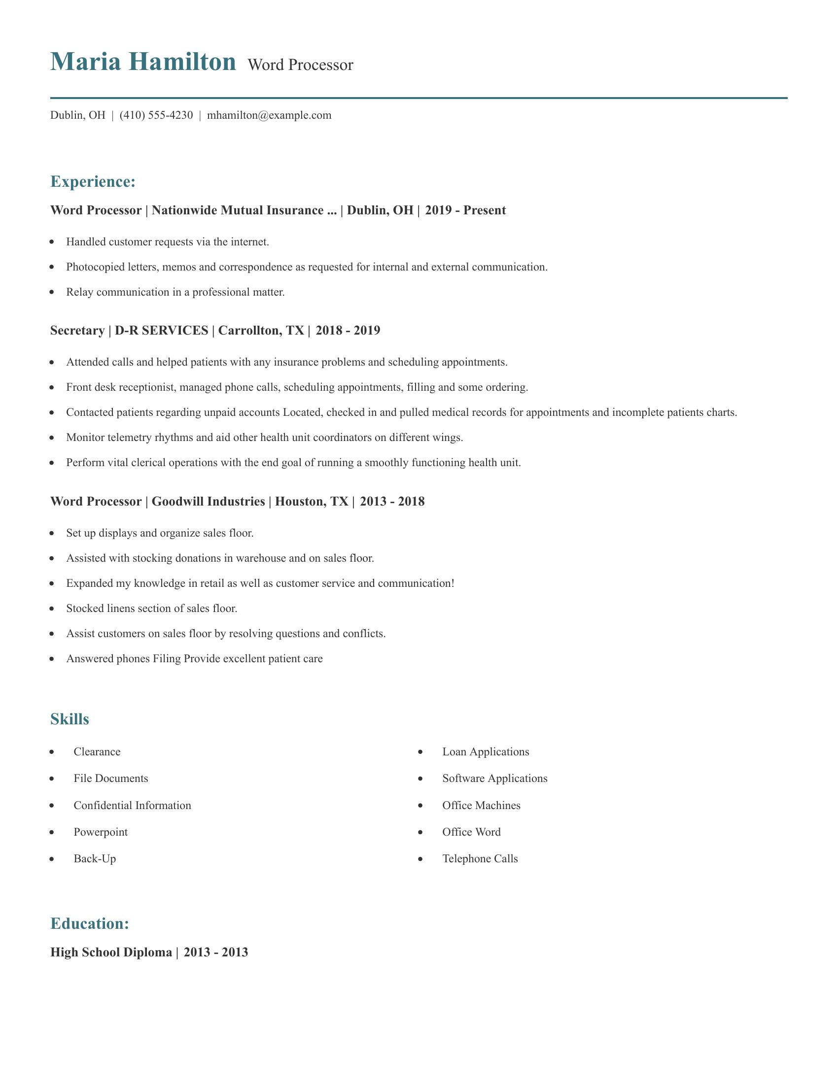 Word Processor resume example