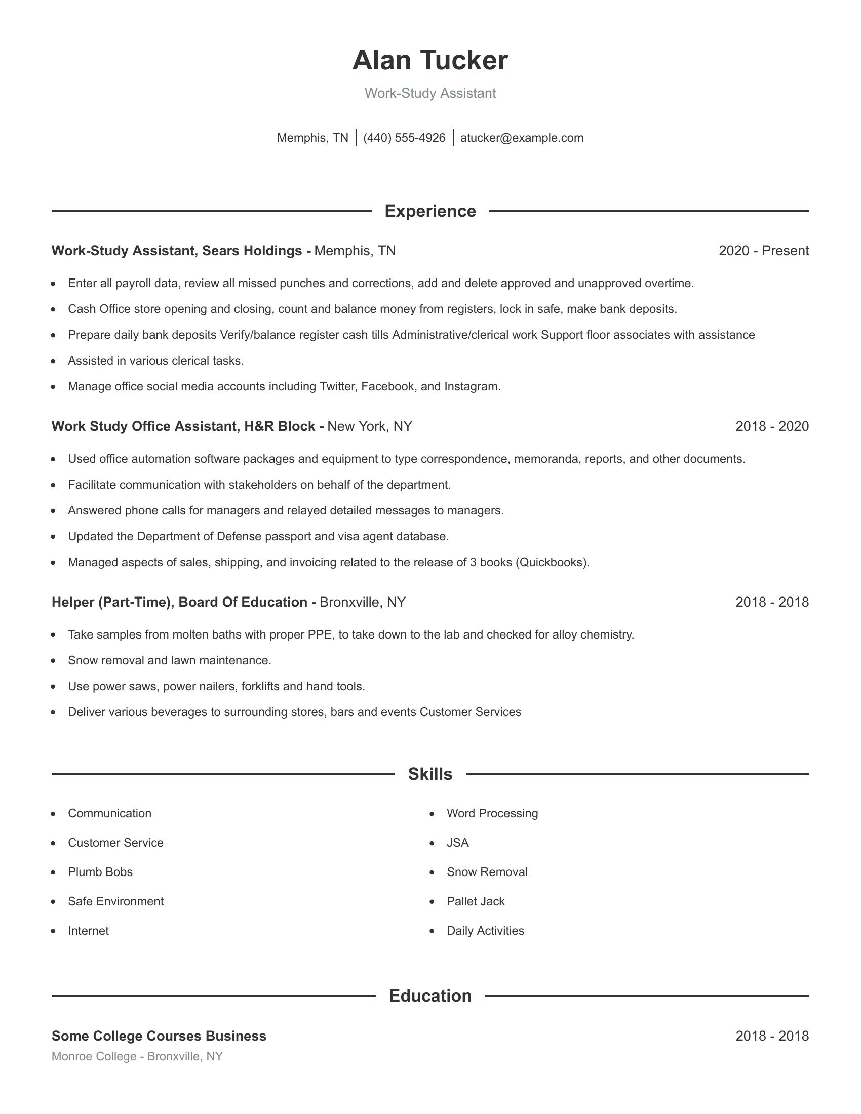 Work-Study Assistant resume example