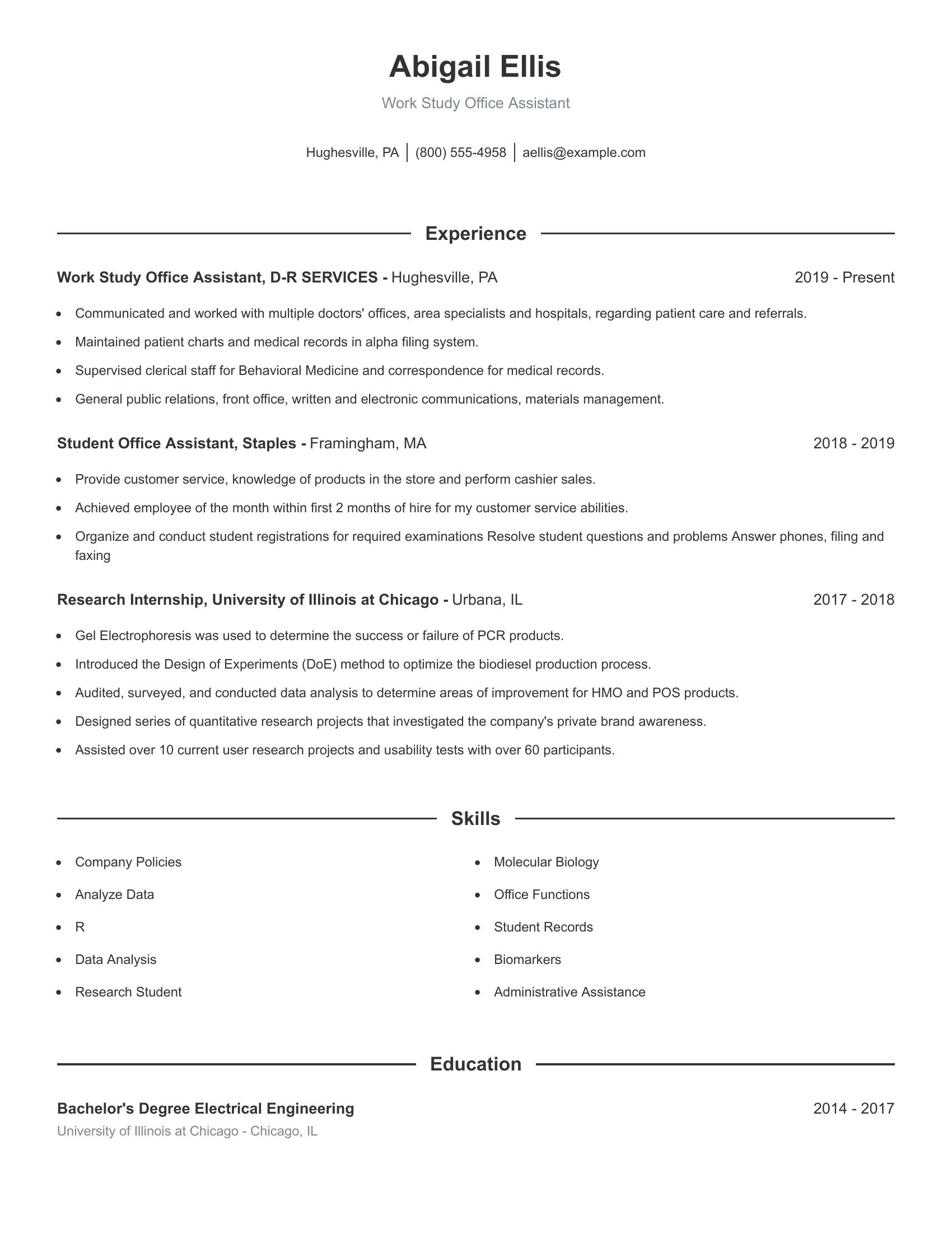 Work Study Office Assistant resume example