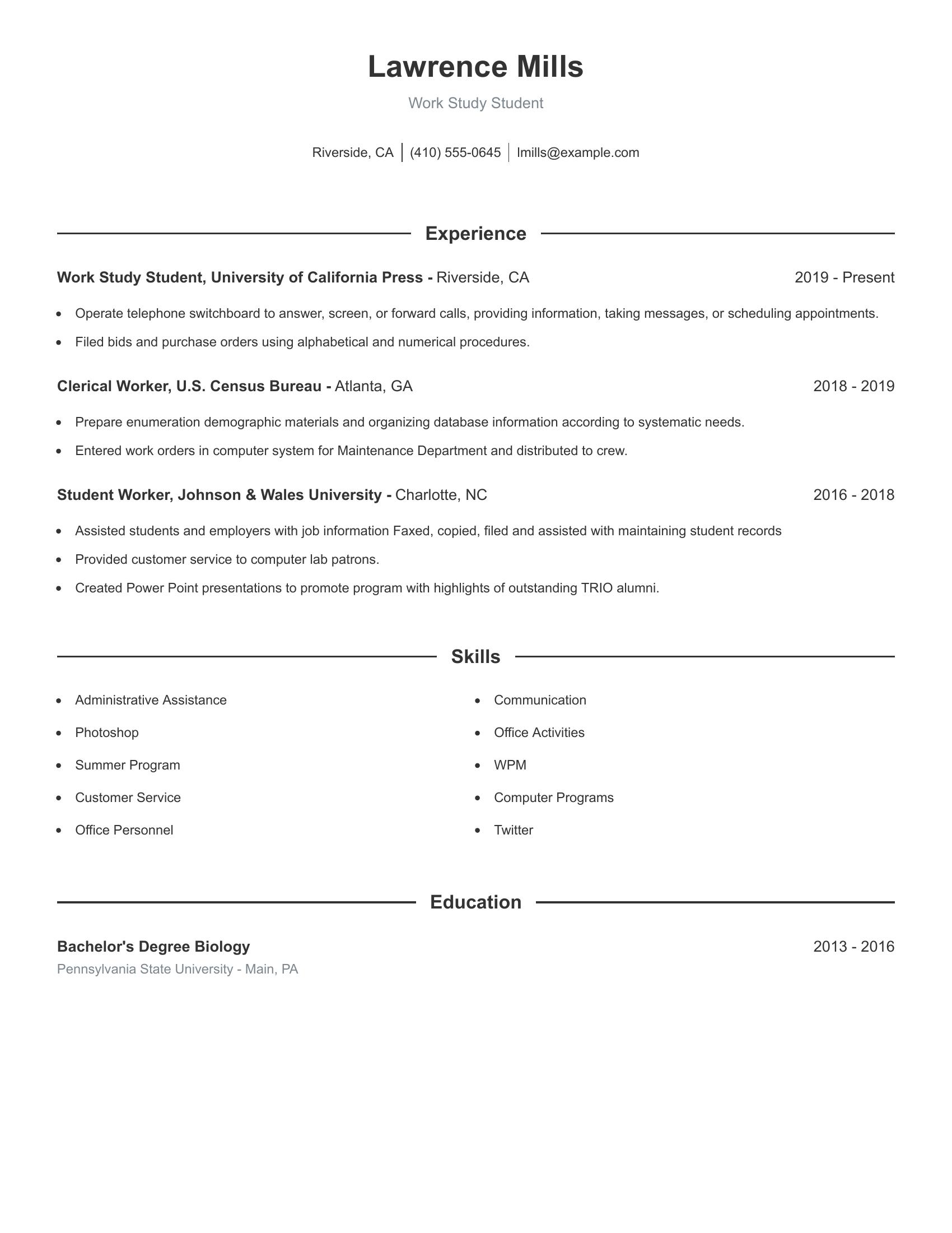 Work Study Student resume example