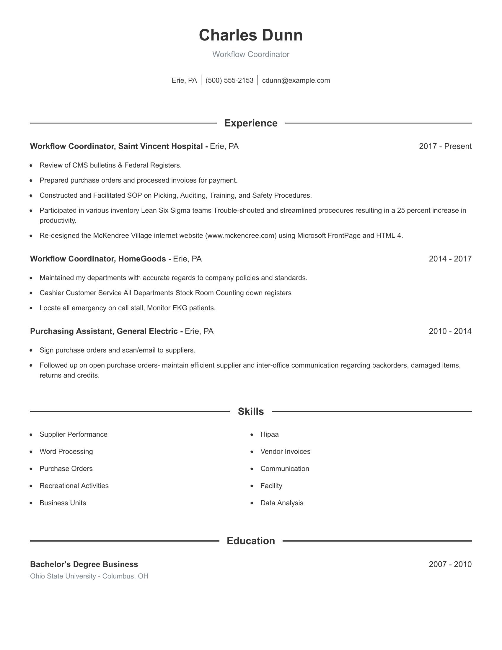 Workflow Coordinator resume example