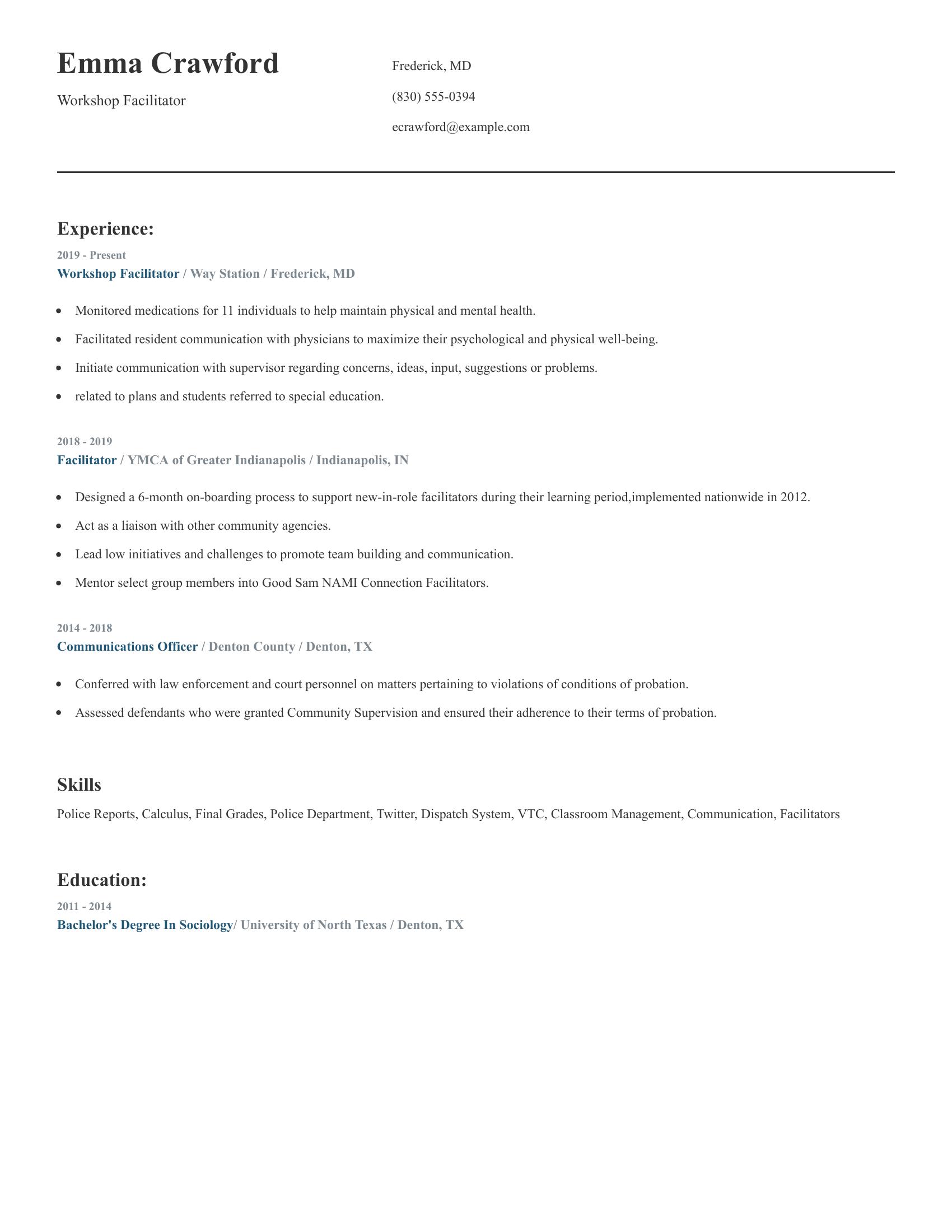 Workshop Facilitator resume example