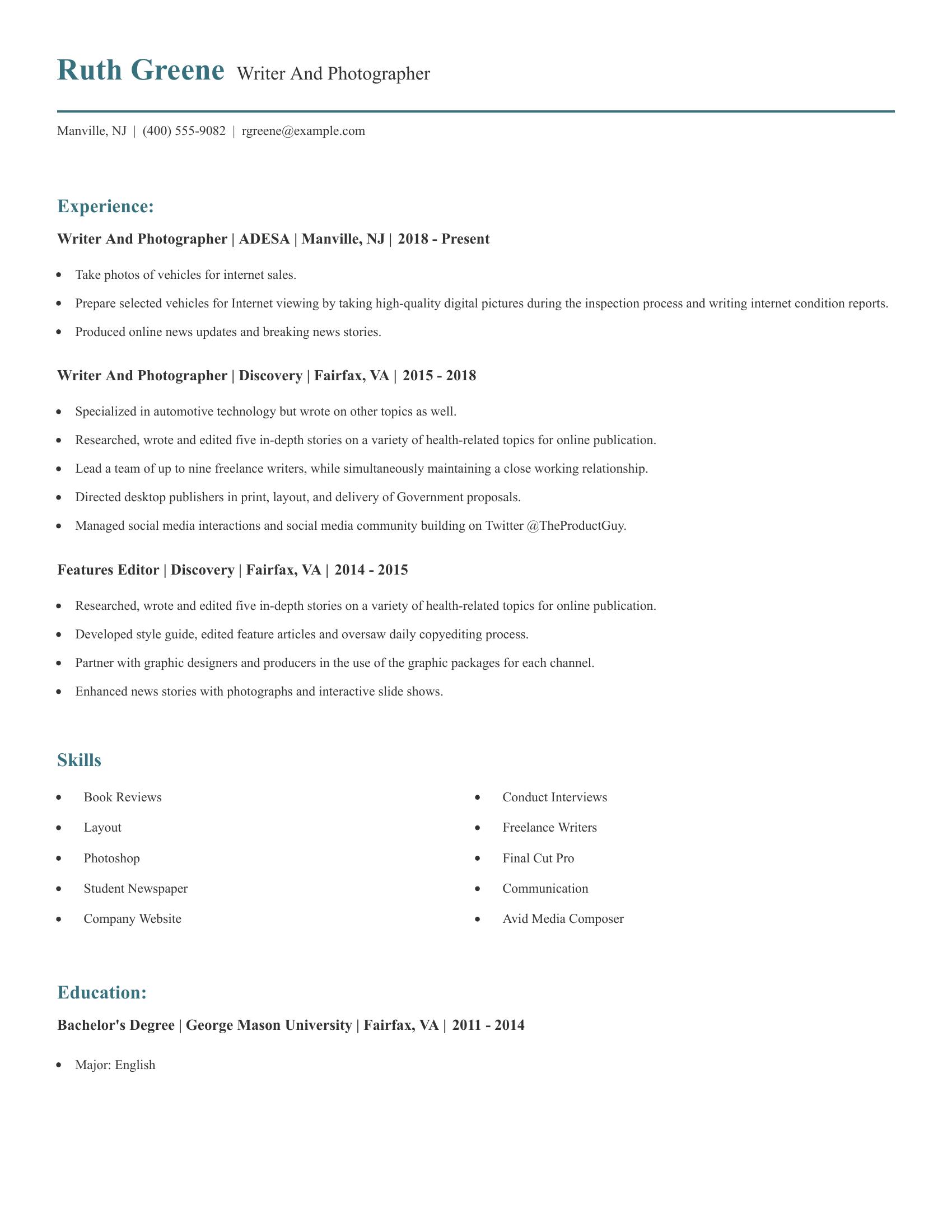 Writer And Photographer resume example