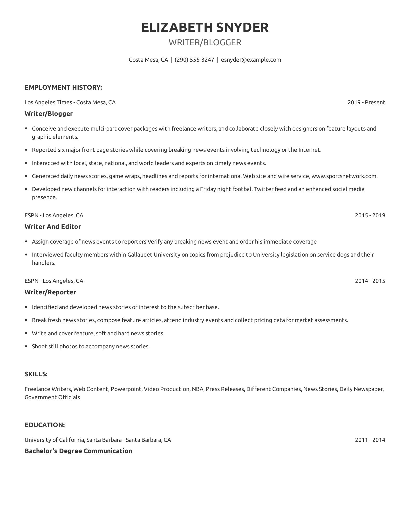 Writer/Blogger resume example