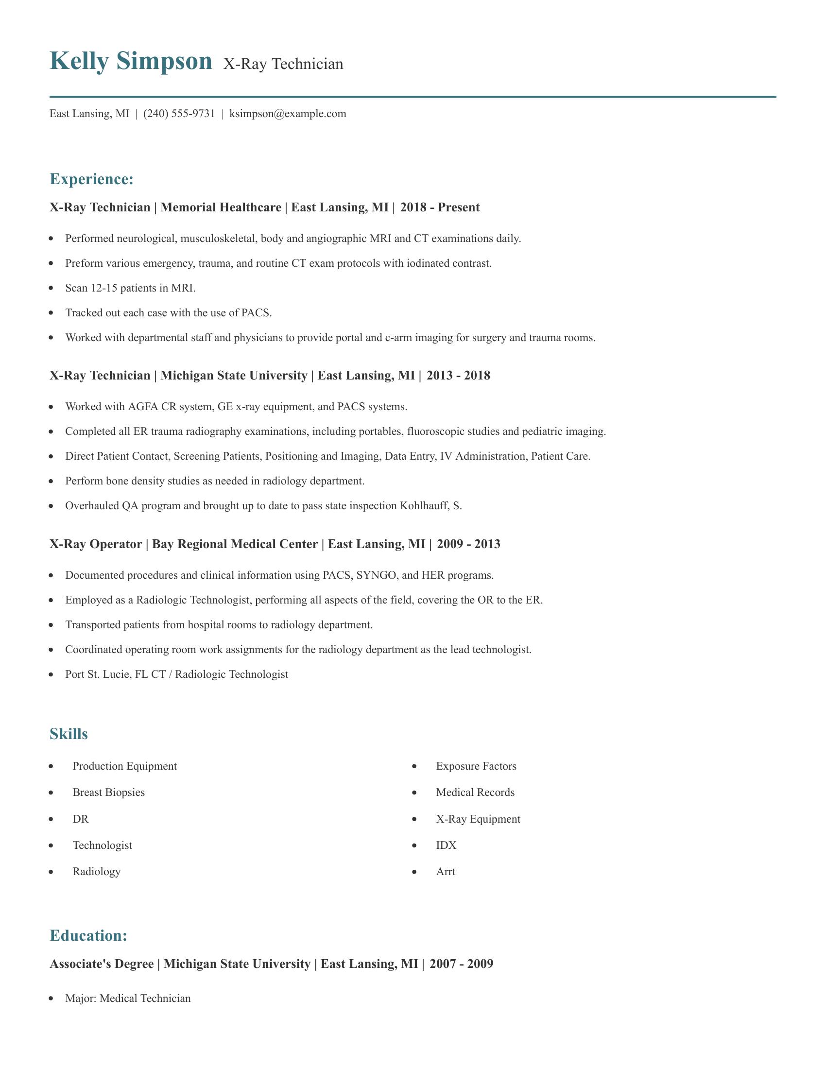 X-Ray Technician resume example