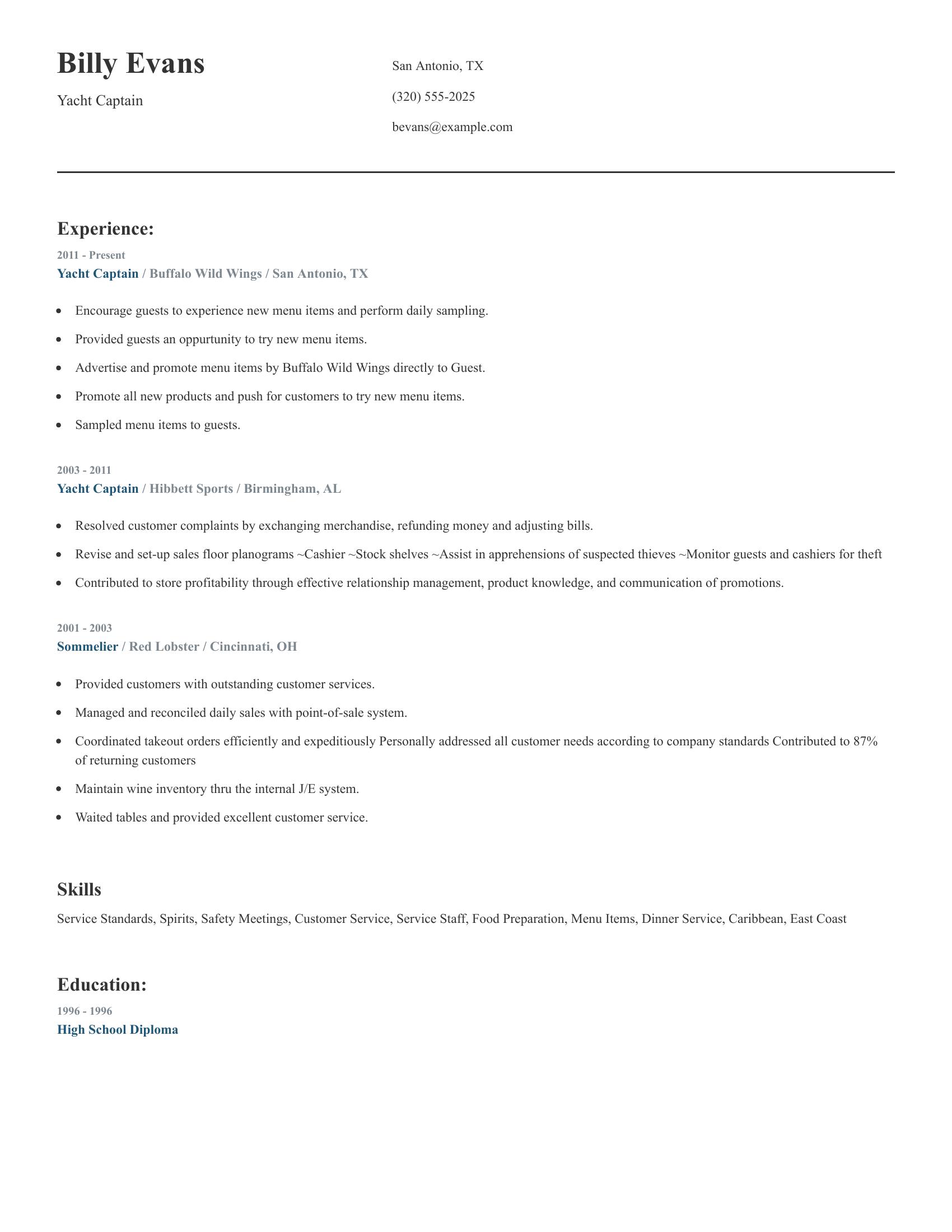 Yacht Captain resume example