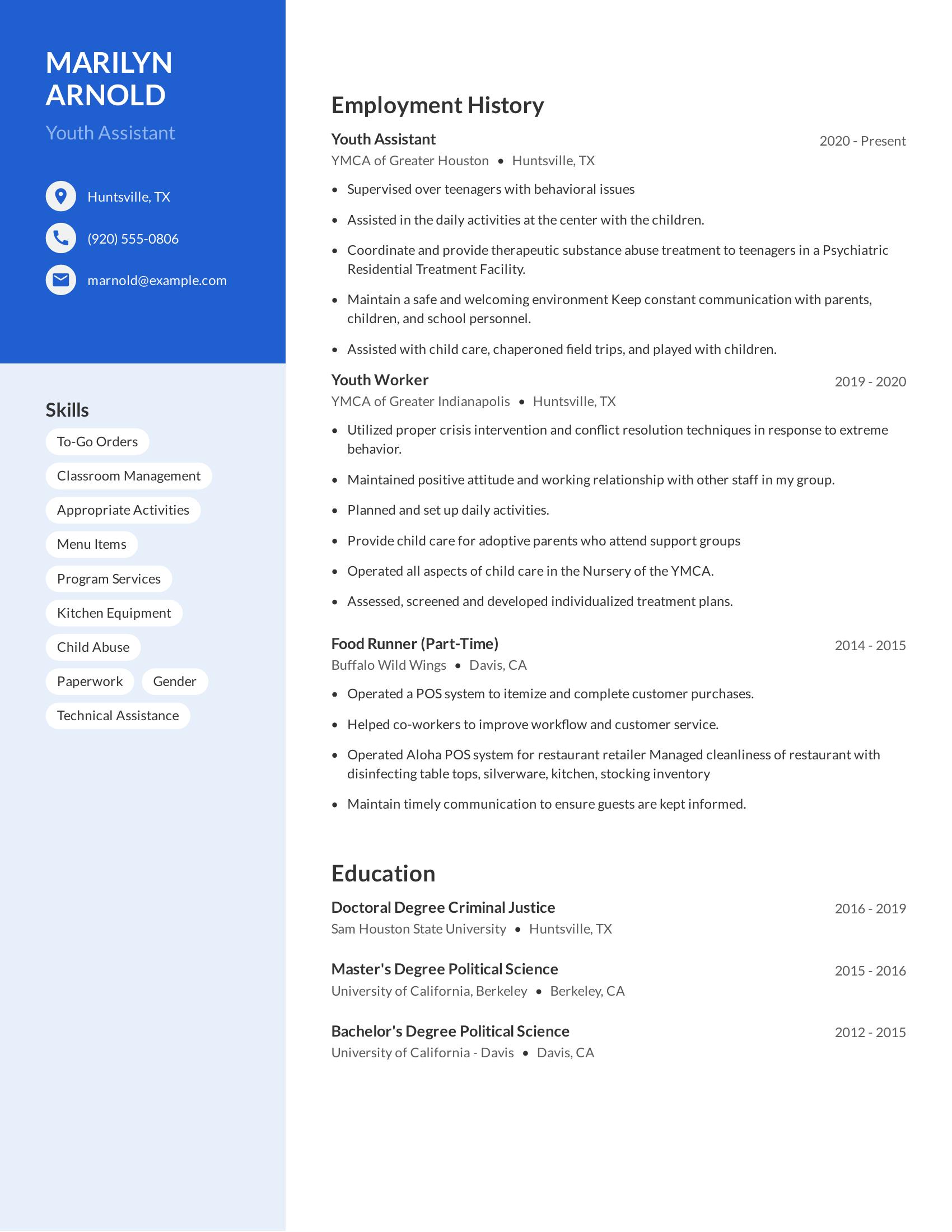 Youth Assistant resume example