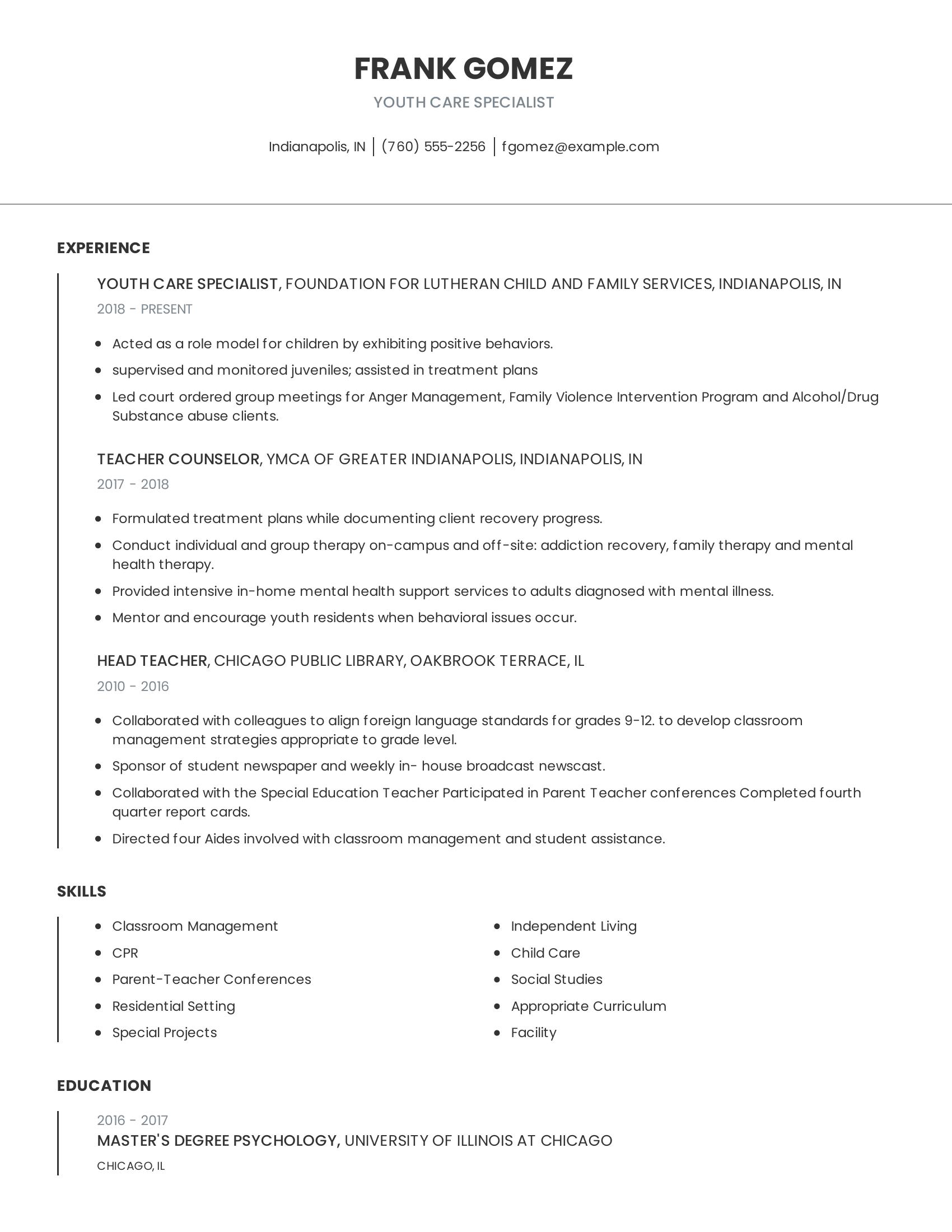 Youth Care Specialist resume example